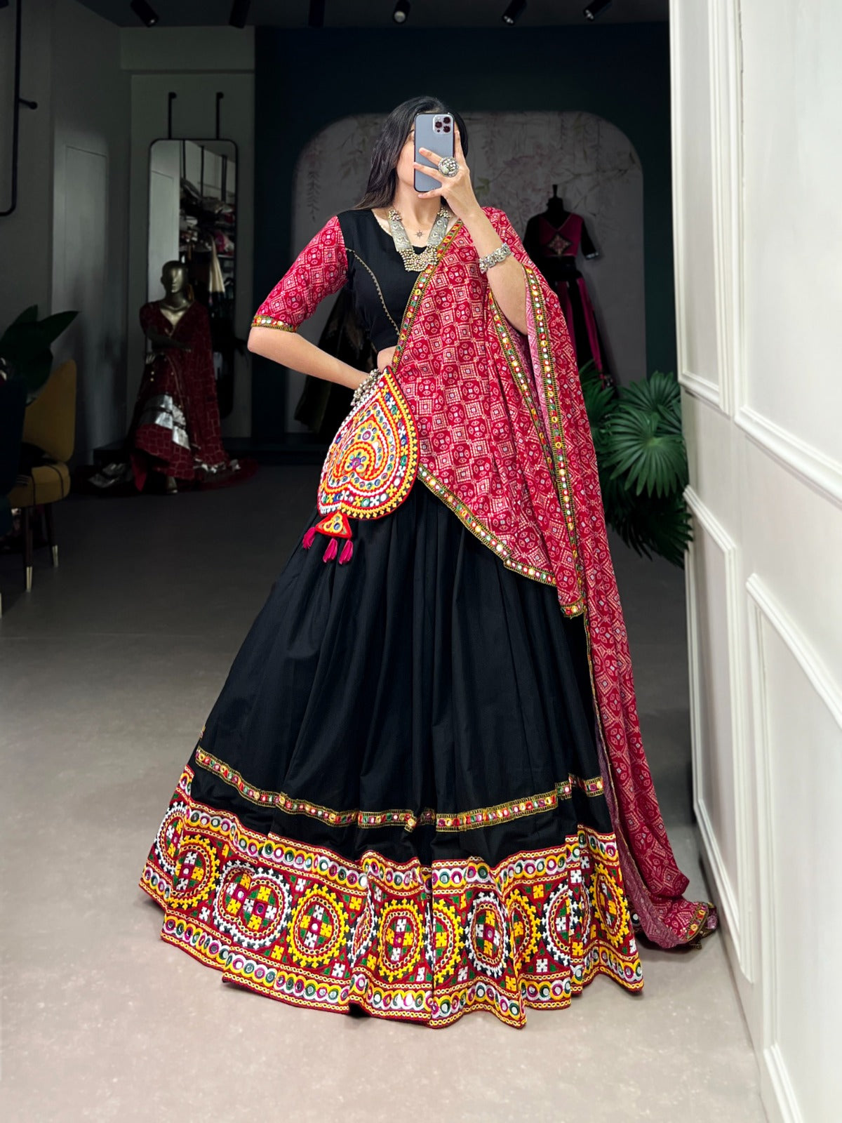 Black-Pink Gamthi Work Lehenga Choli