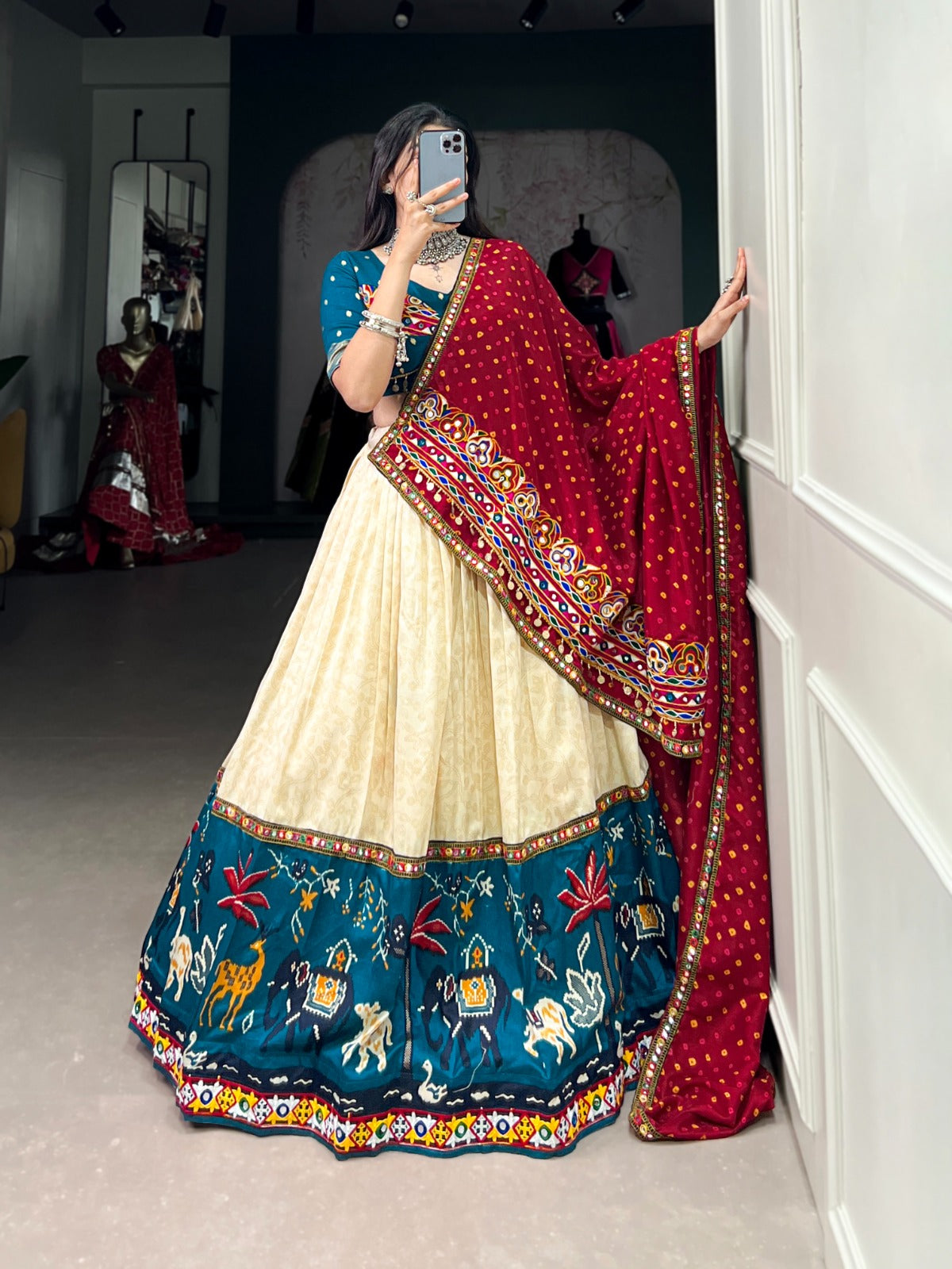 Cremy-Teal Blue Dola Silk Lehenga Choli