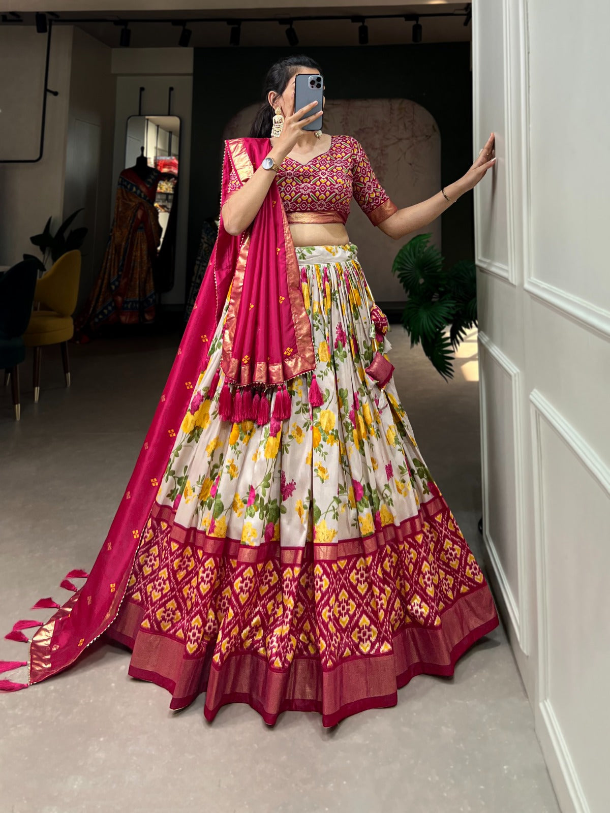 White-Pink  Patola Printed Lehenga Choli