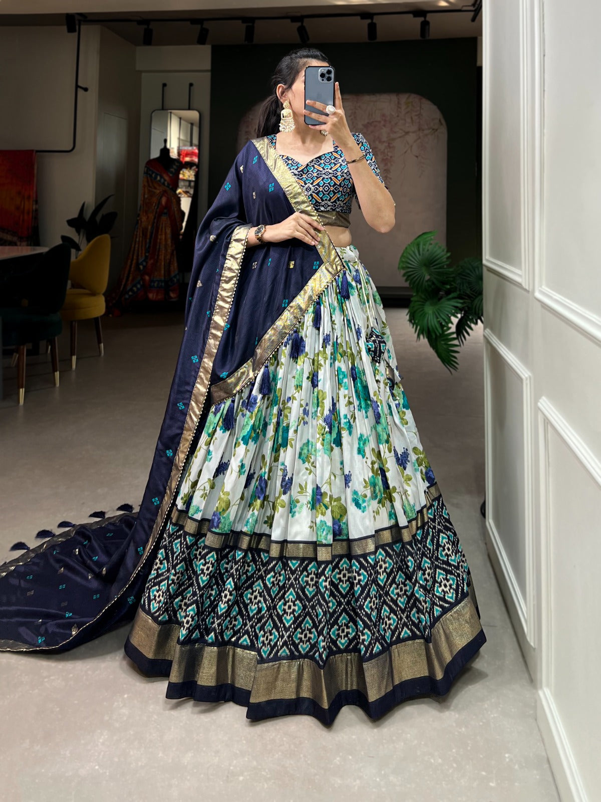 Navy Blue-White Patola Printed Lehenga Choli