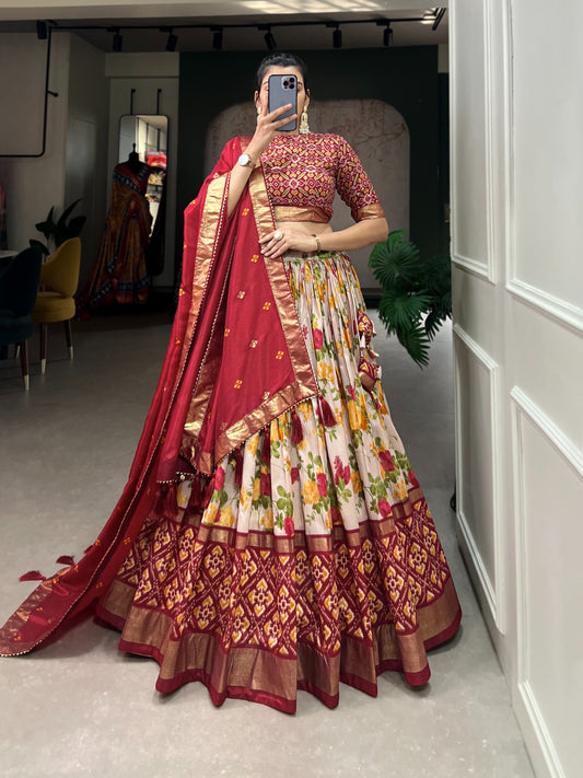 Reddish-White Patola Printed Lehenga Choli