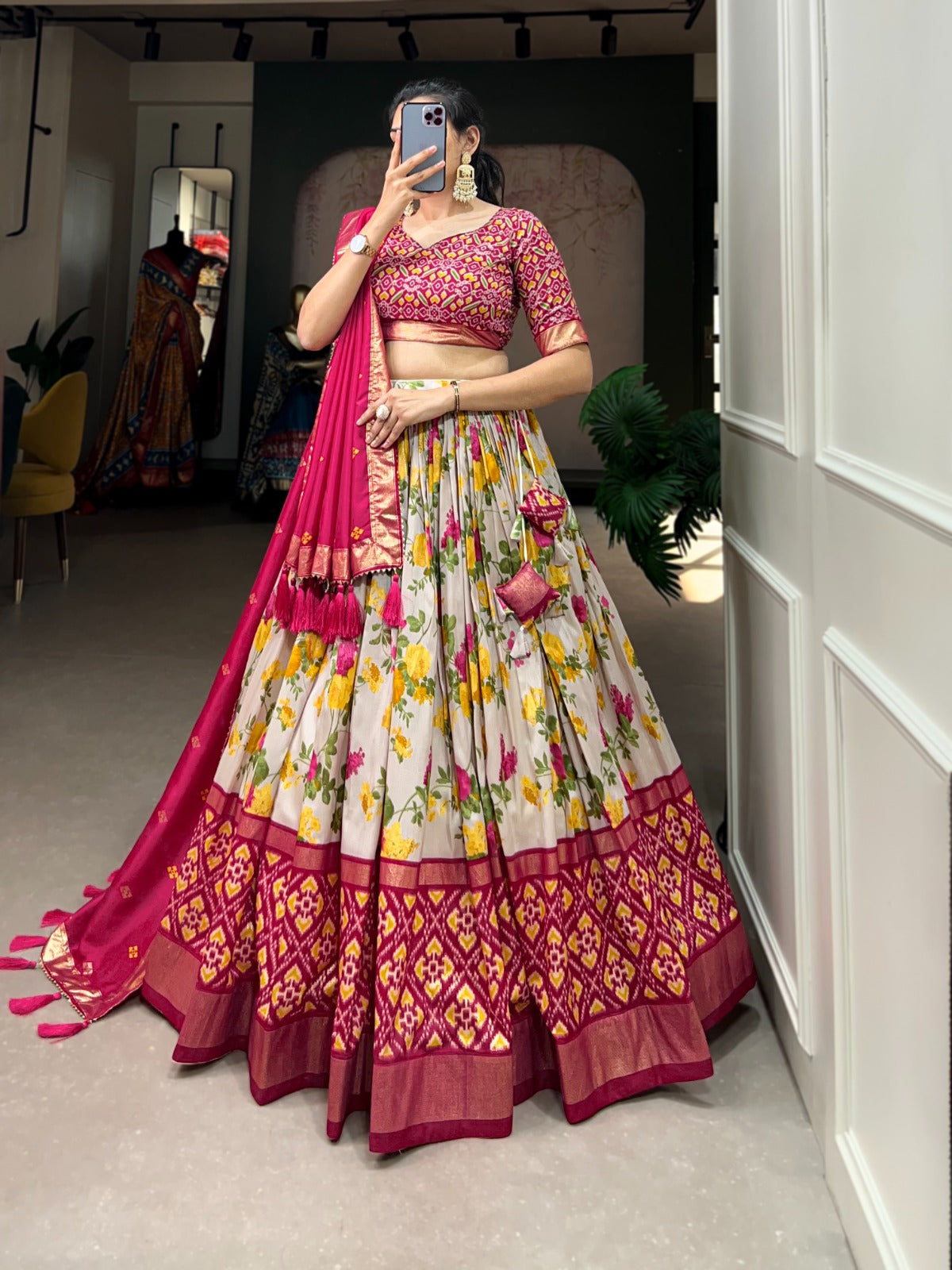 White-Pink  Patola Printed Lehenga Choli