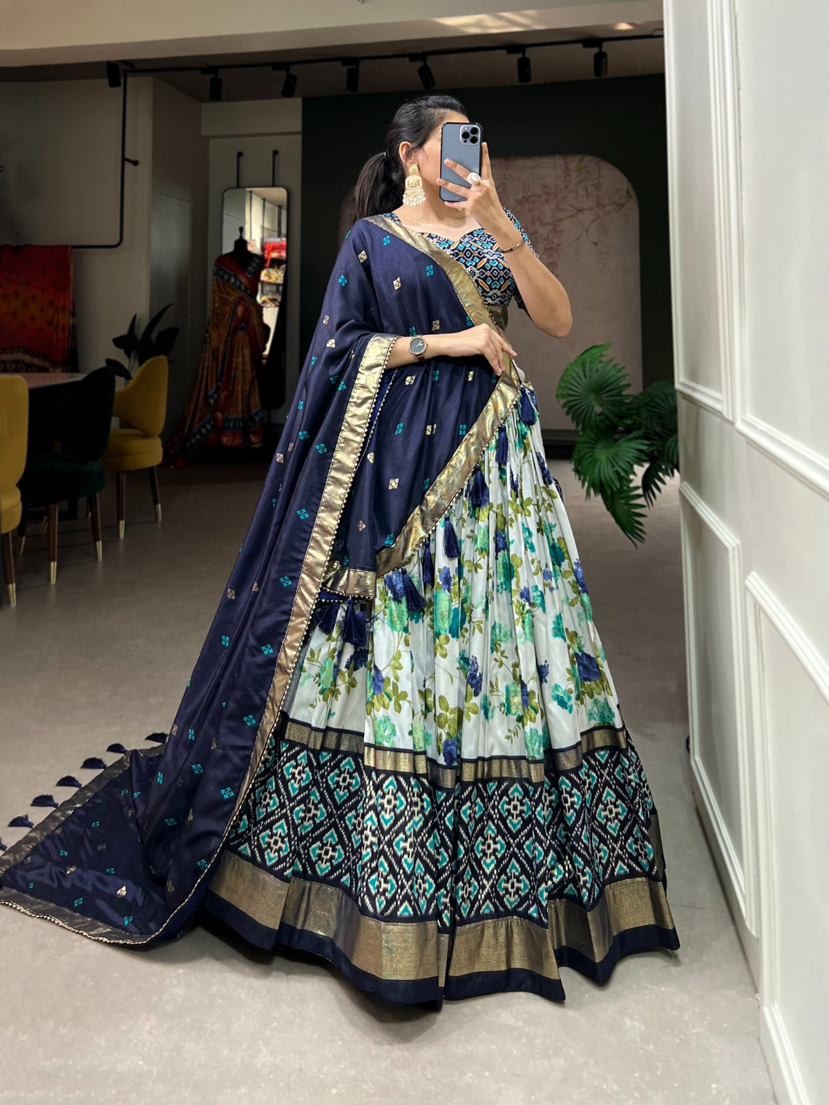 Navy Blue-White Patola Printed Lehenga Choli