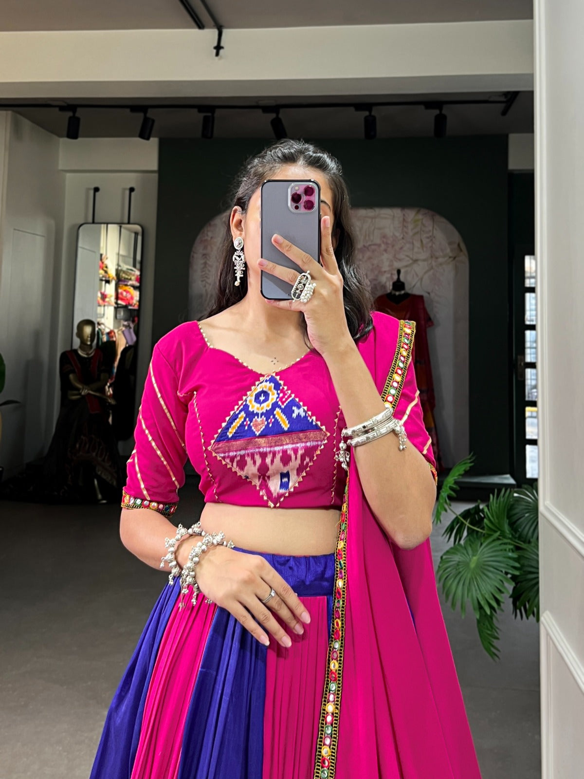 Blue-Pink Printed Silk Lehenga Choli