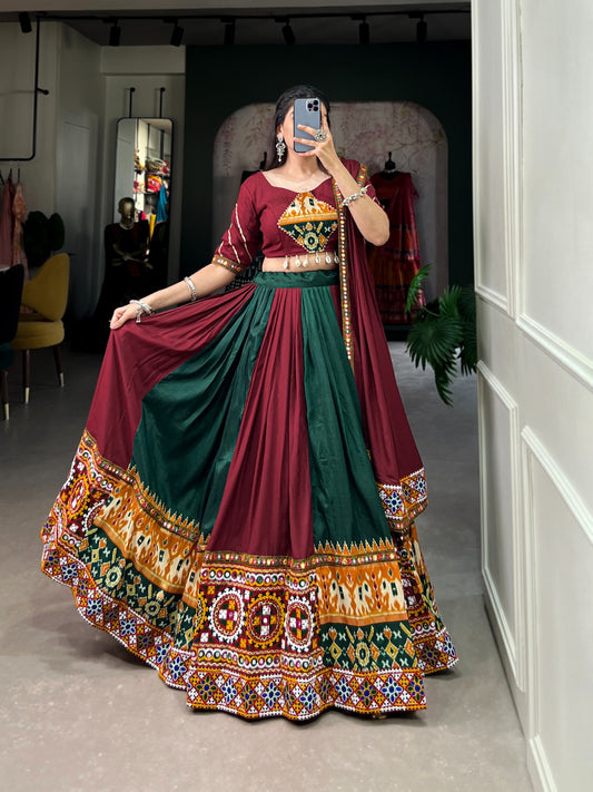 Green-Maroon Printed Silk Lehenga Choli