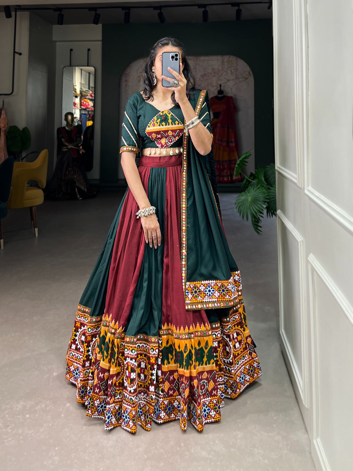 Maroon-Green Printed Silk Lehenga Choli