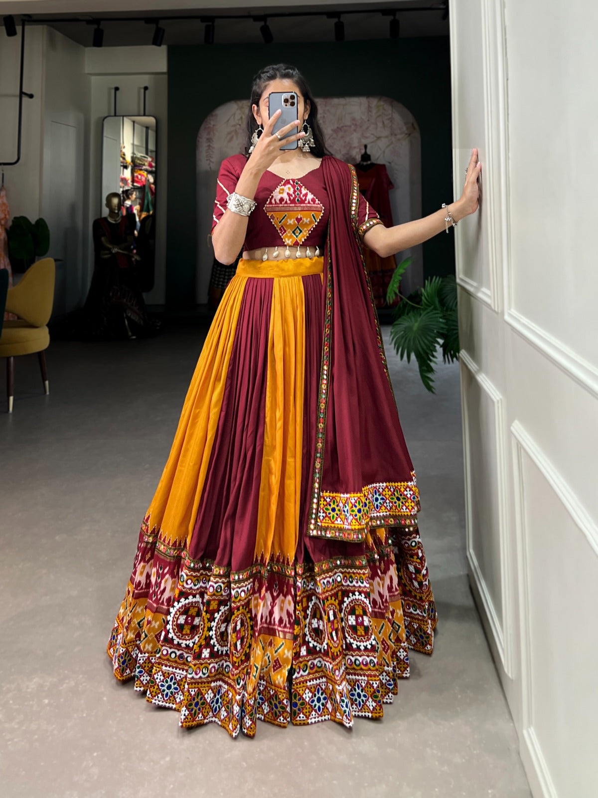 Mustard-Maroon Printed Silk Lehenga Choli