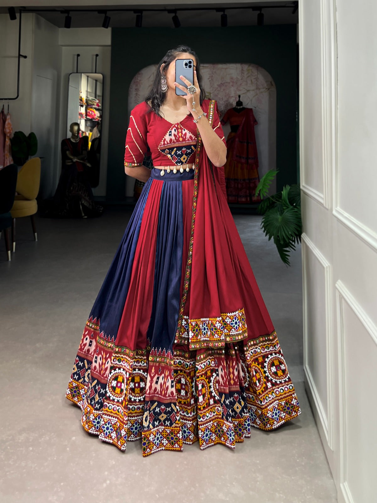 Blue-Red Printed Silk Lehenga Choli