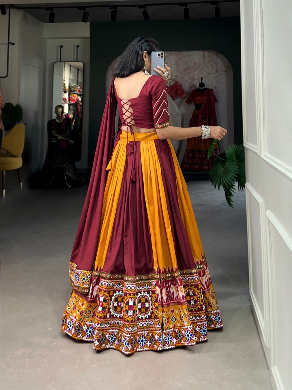 Mustard-Maroon Printed Silk Lehenga Choli