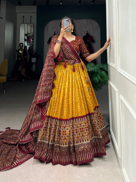 Mustard Brown Bandhej & Ajarakh Print Lehenga Choli