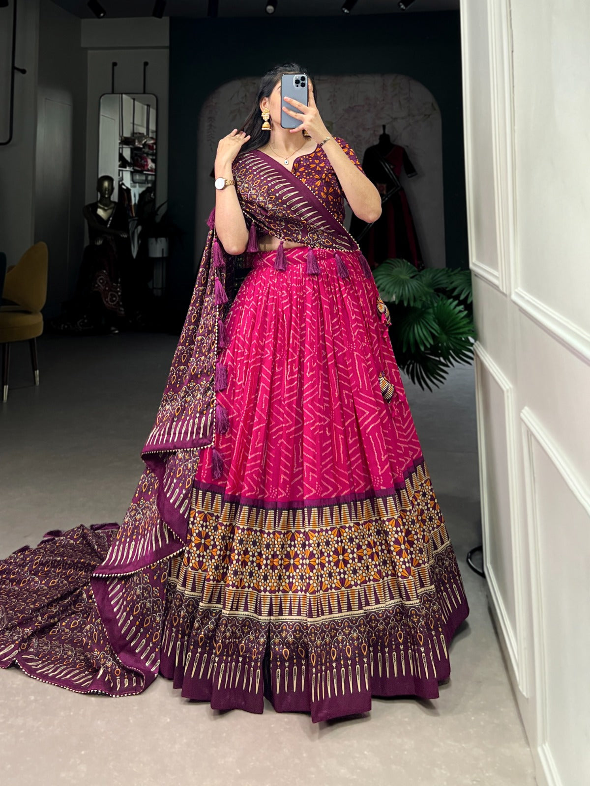 Purple-Pink Bandhej & Ajarakh Print Lehenga Choli