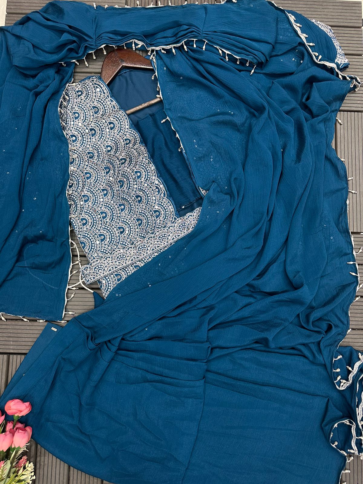 Teal Blue Heavy Chinon Saree