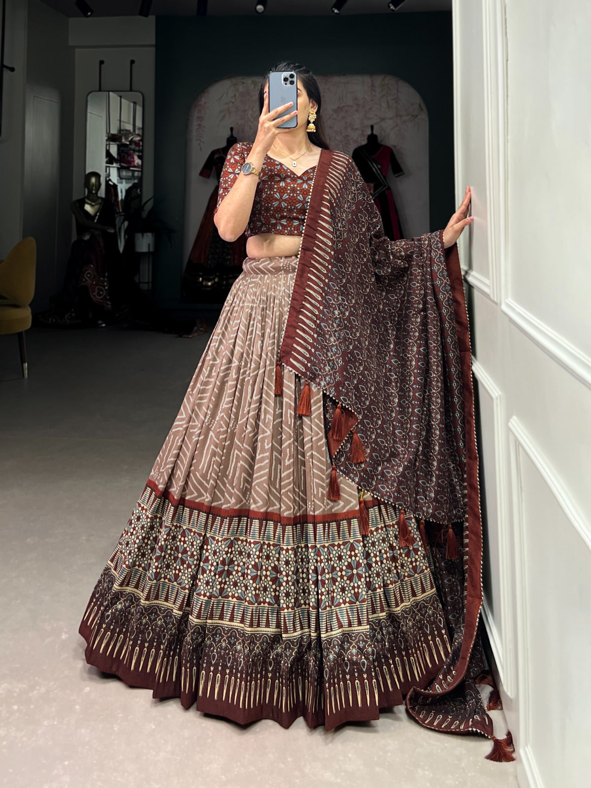 Brown Bandhej & Ajarakh Print Lehenga Choli