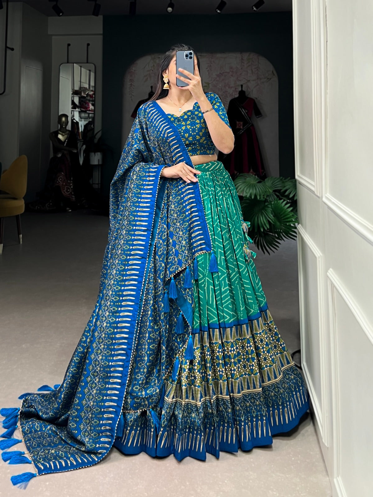 Teal Green& Blue Bandhej & Ajarakh Print Lehenga Choli