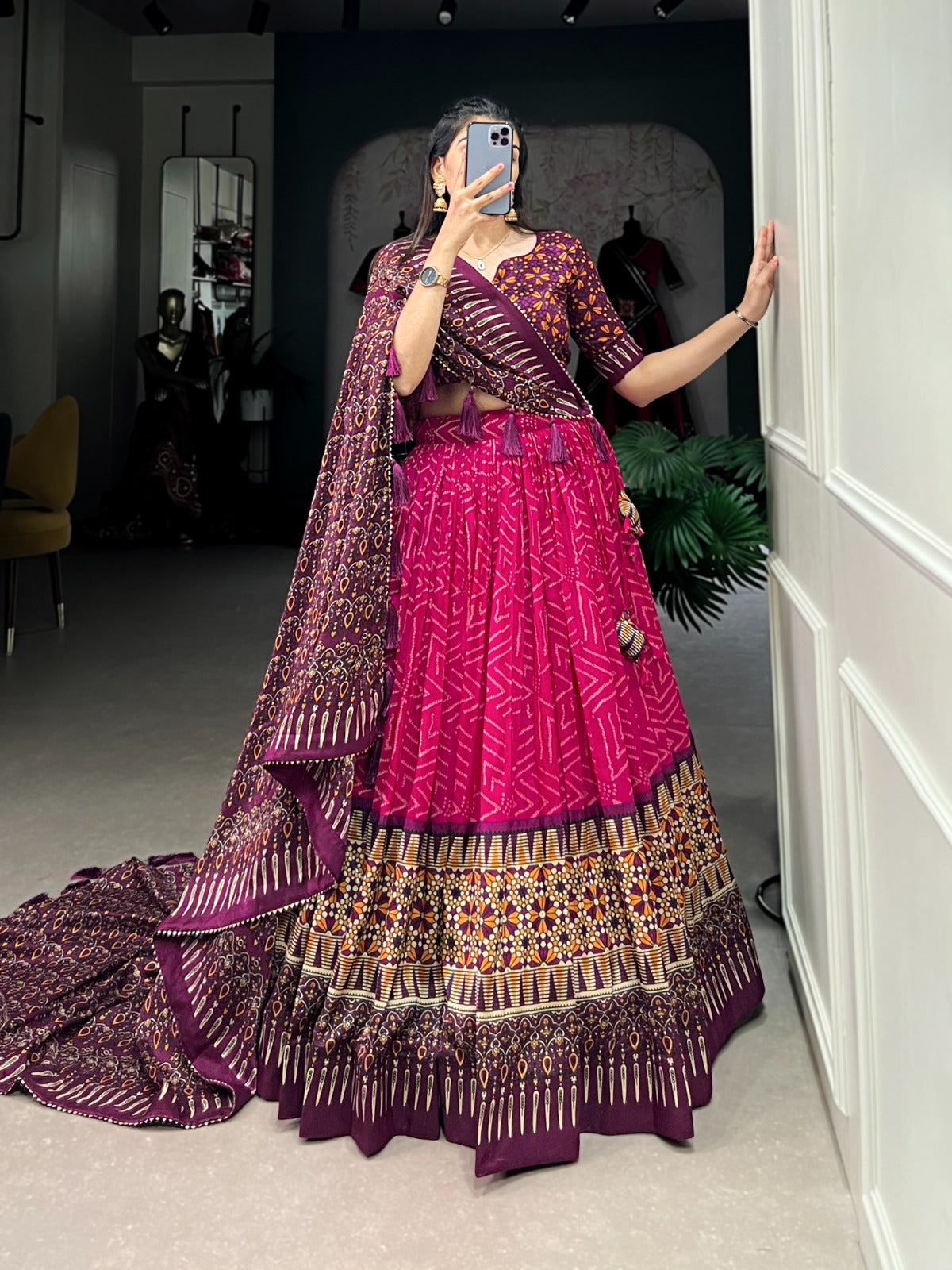 Purple-Pink Bandhej & Ajarakh Print Lehenga Choli