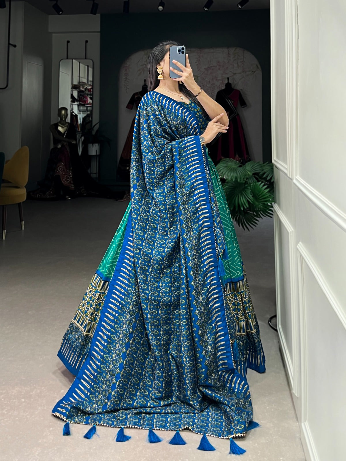 Teal Green& Blue Bandhej & Ajarakh Print Lehenga Choli