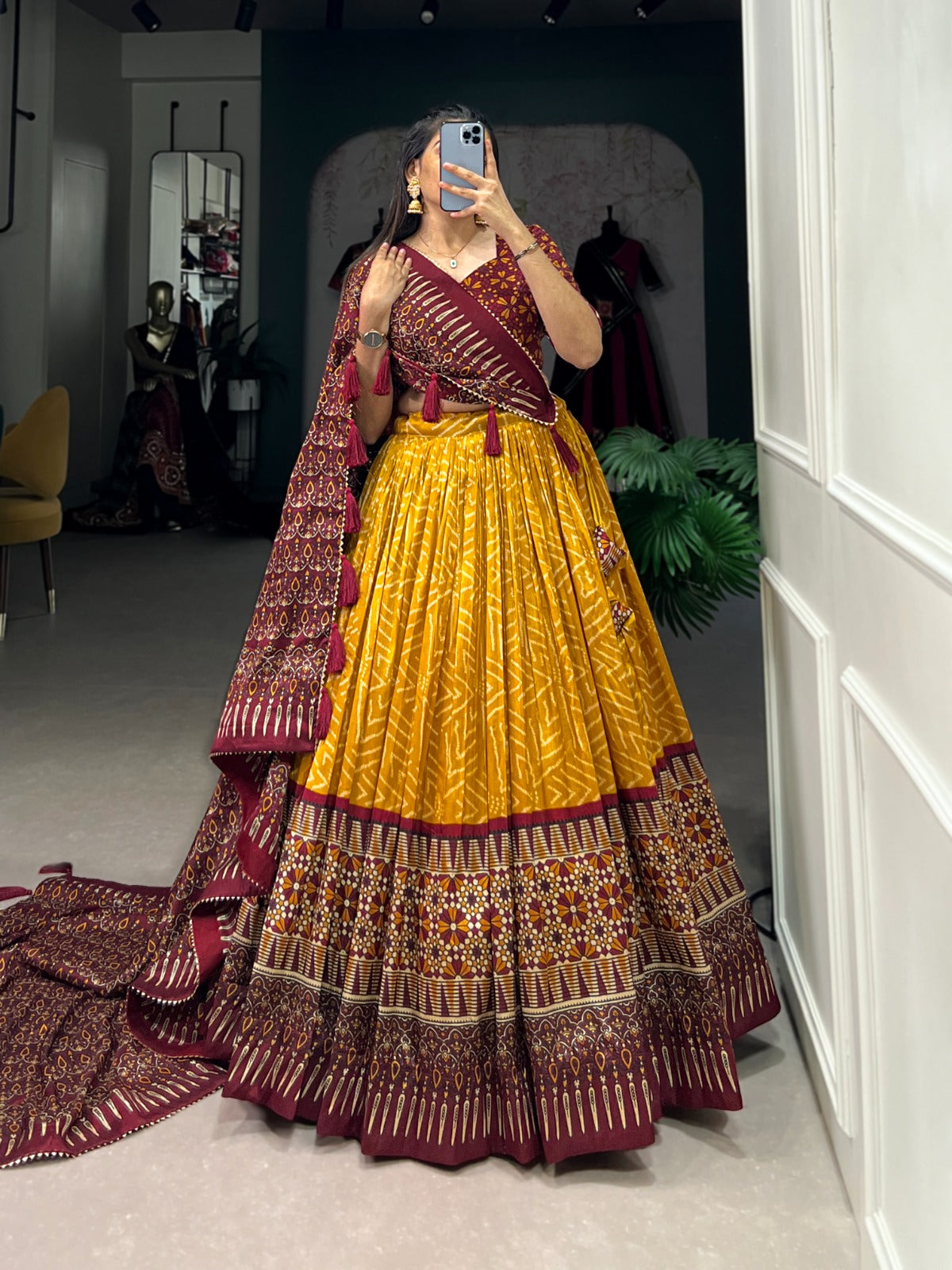 Mustard Brown Bandhej & Ajarakh Print Lehenga Choli