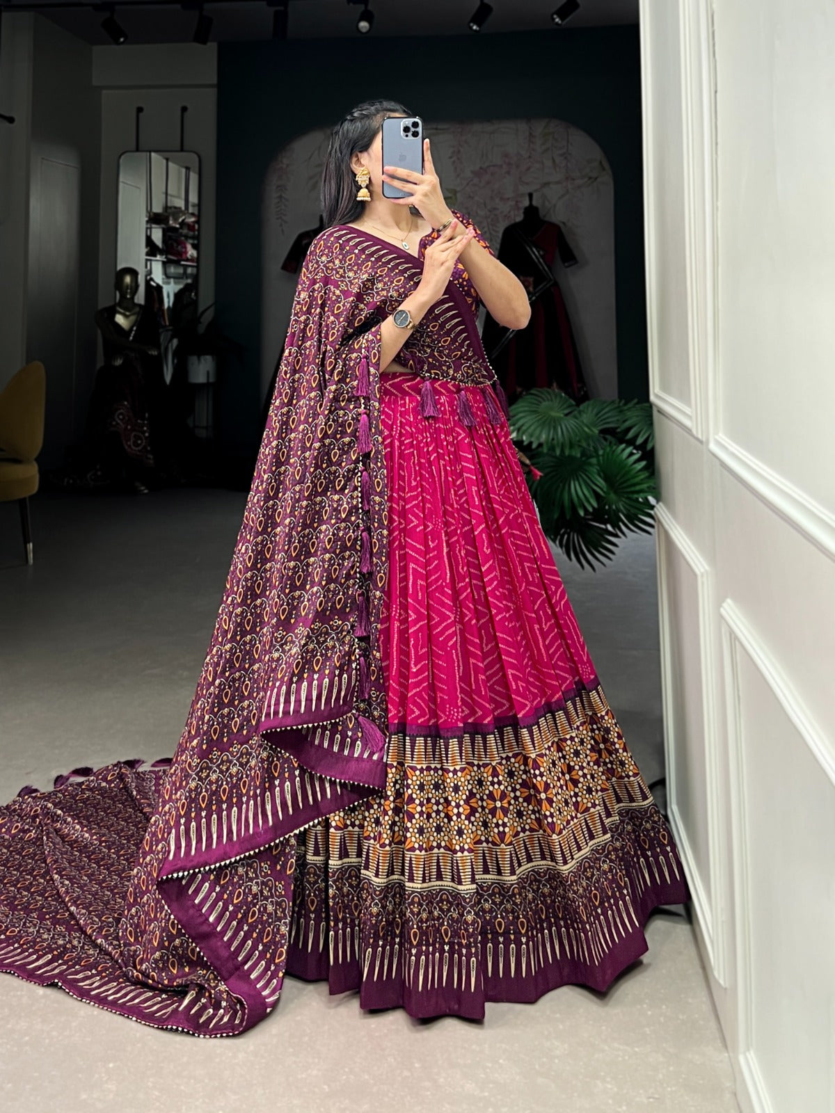 Purple-Pink Bandhej & Ajarakh Print Lehenga Choli