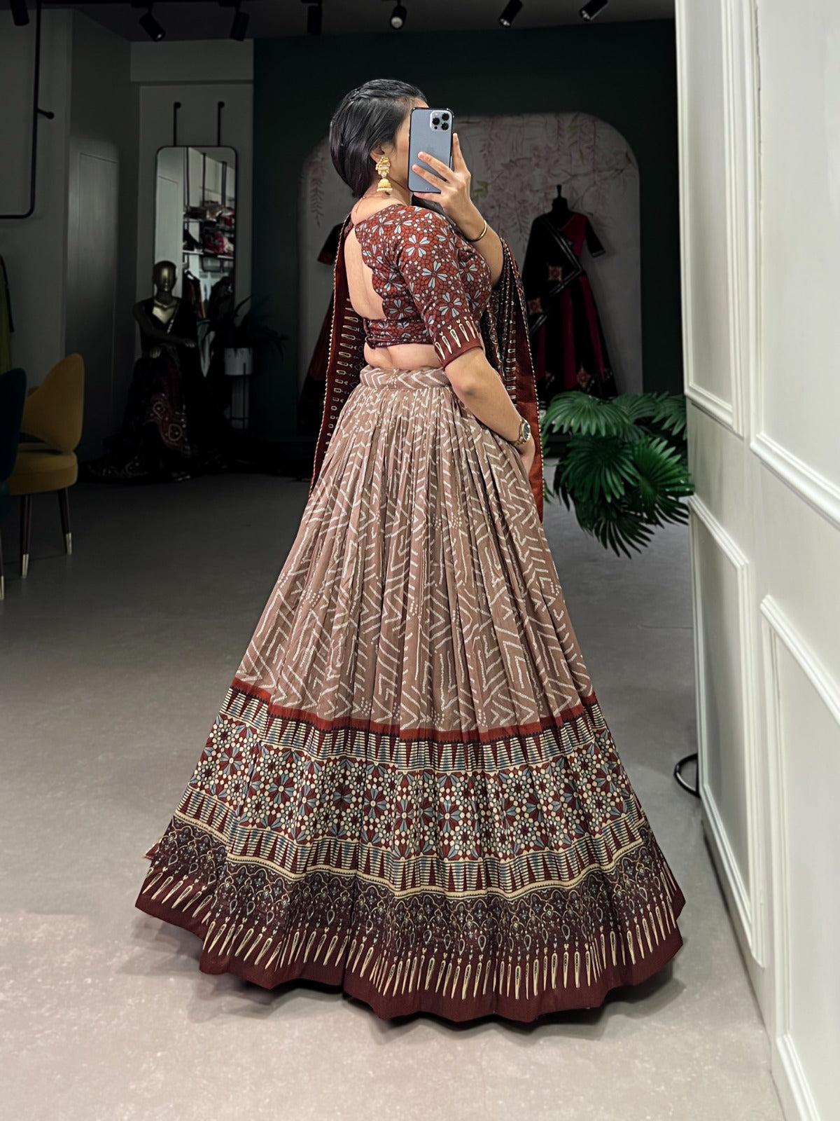 Brown Bandhej & Ajarakh Print Lehenga Choli