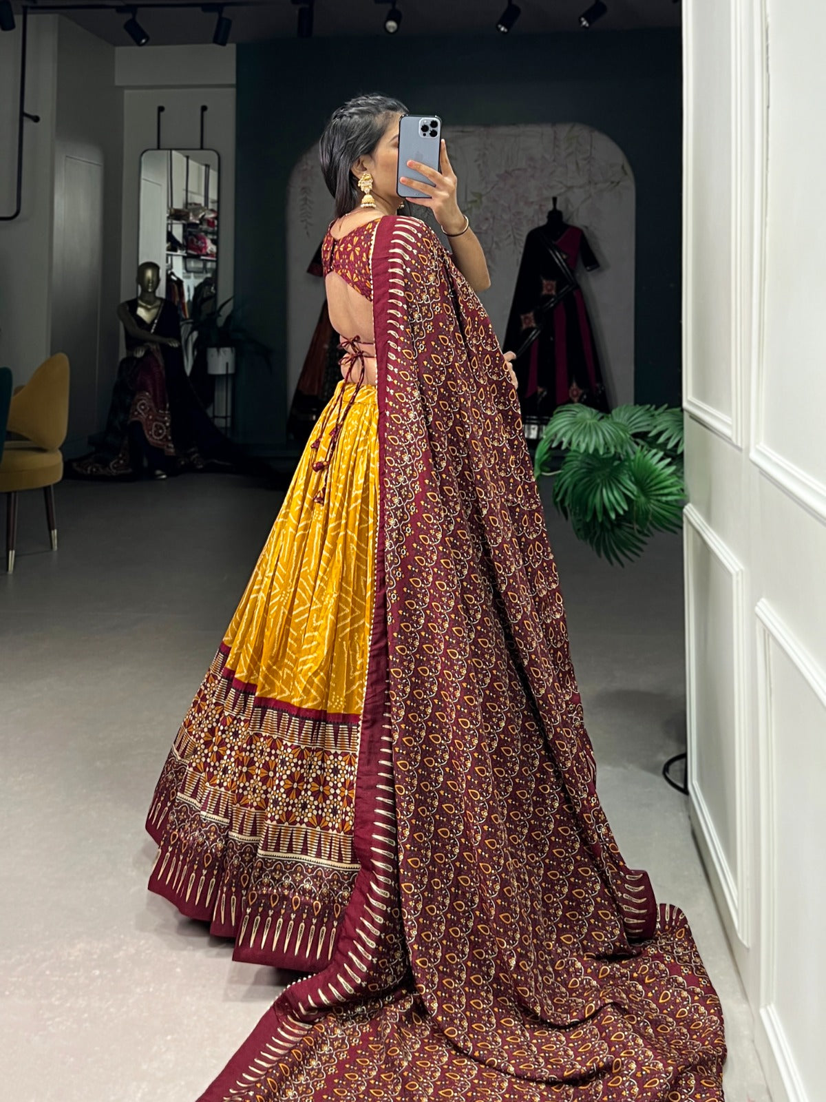 Mustard Brown Bandhej & Ajarakh Print Lehenga Choli