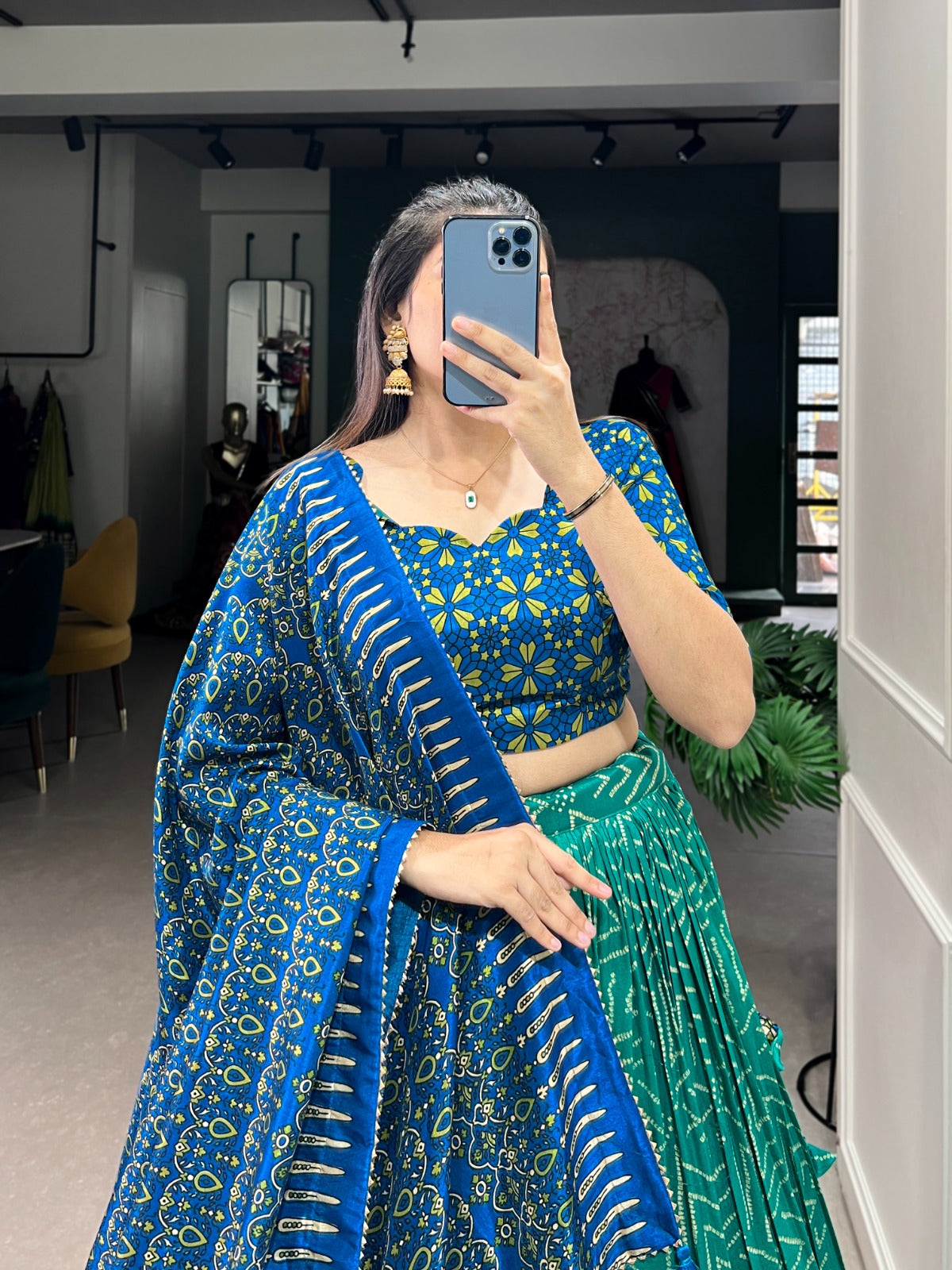 Teal Green& Blue Bandhej & Ajarakh Print Lehenga Choli