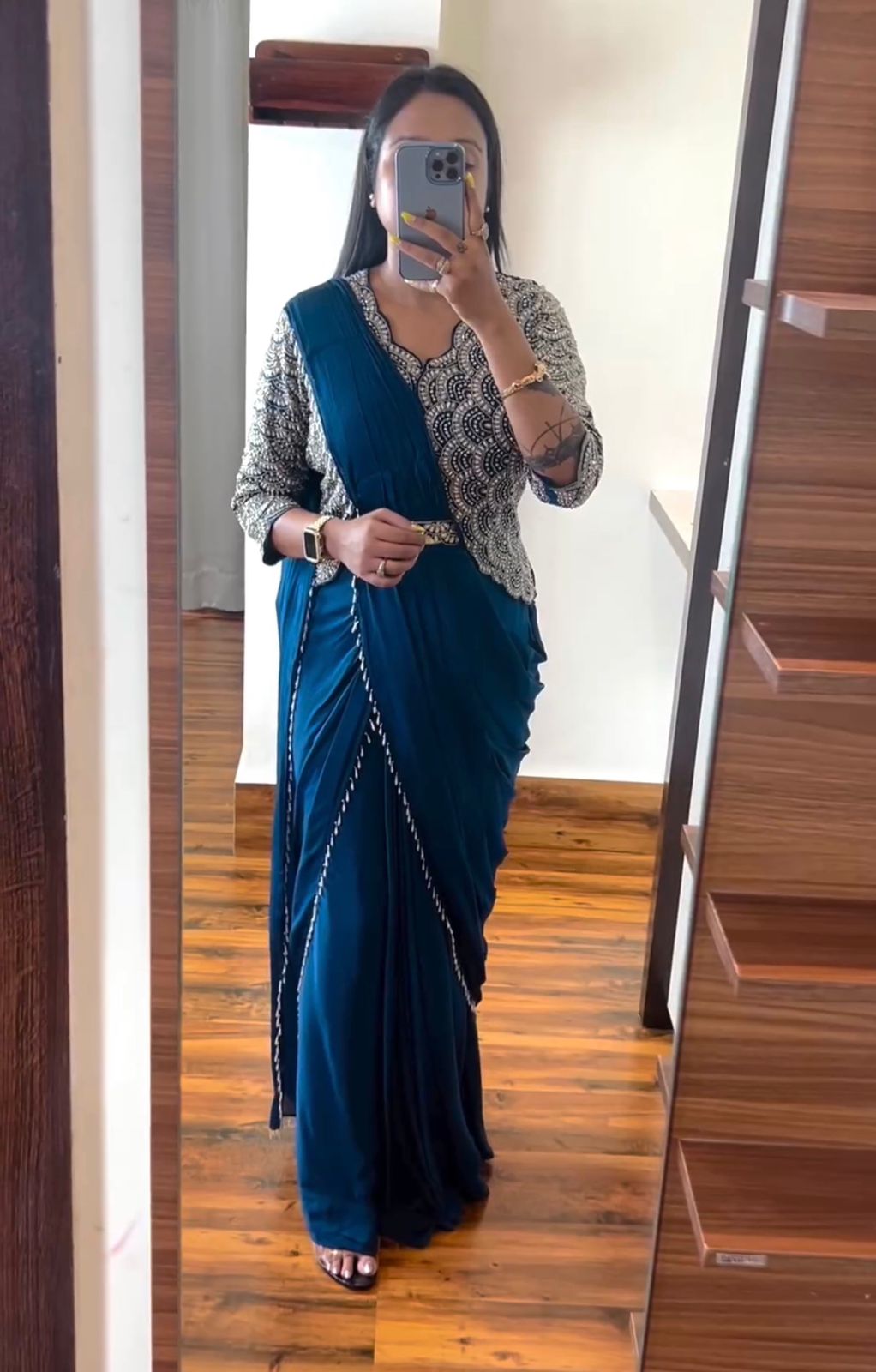 Teal Blue Heavy Chinon Saree