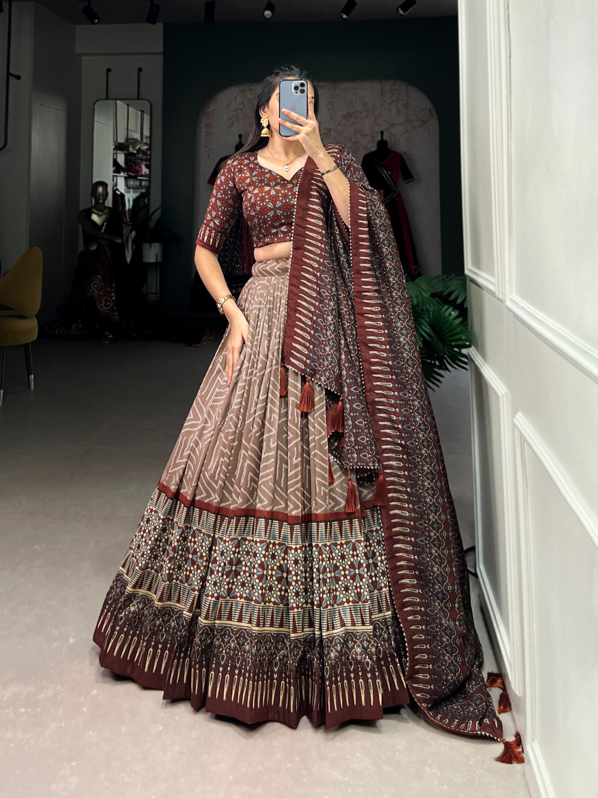 Brown Bandhej & Ajarakh Print Lehenga Choli