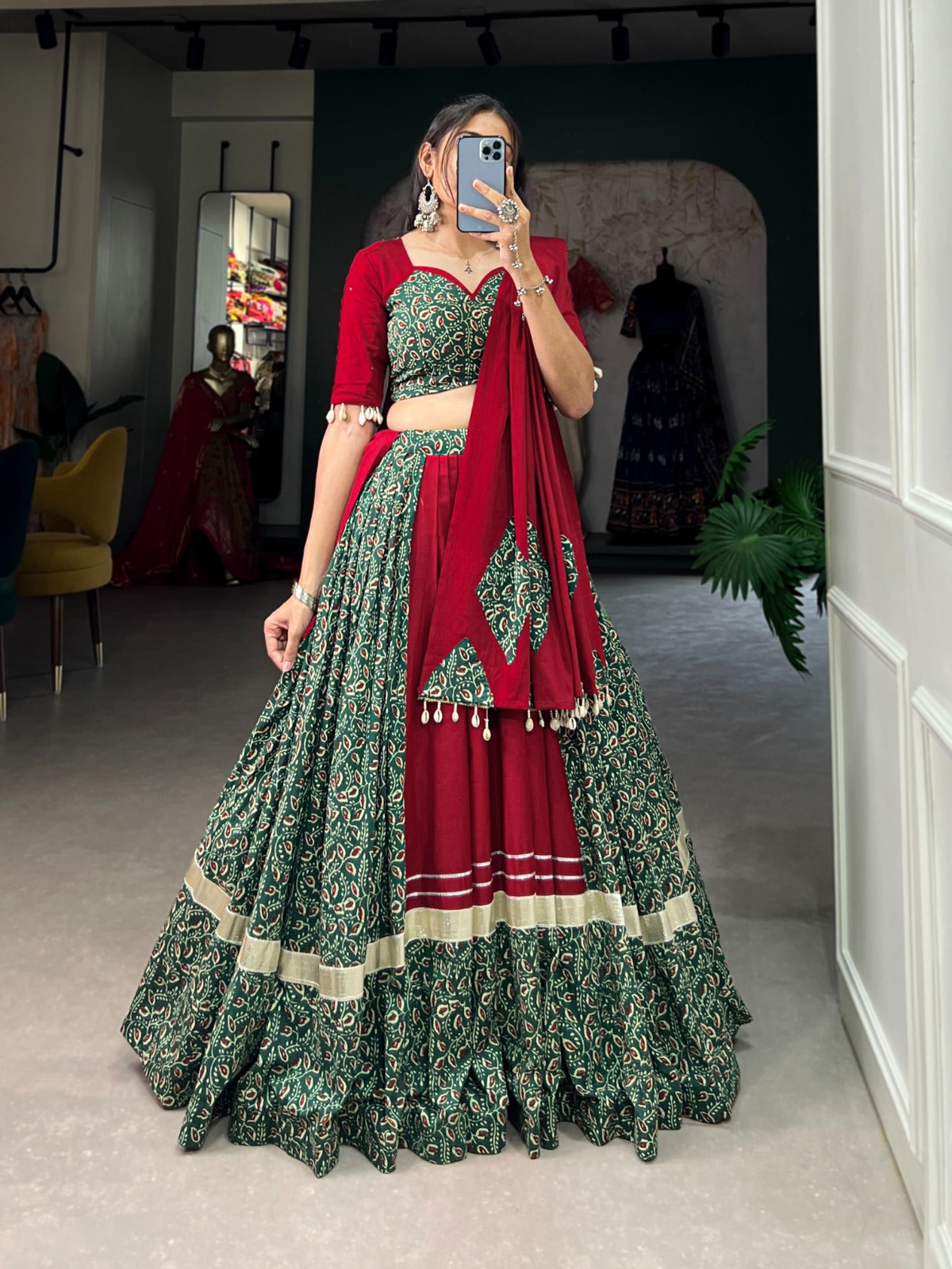 Dark Green Cowrie (Kodi) Lace Chaniya Choli