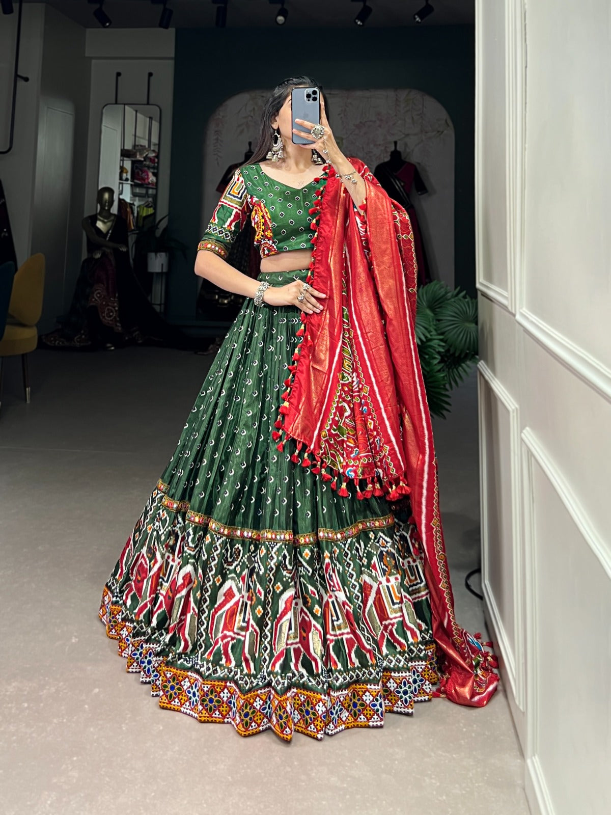 Green-Red Patola Printed Lehenga Choli