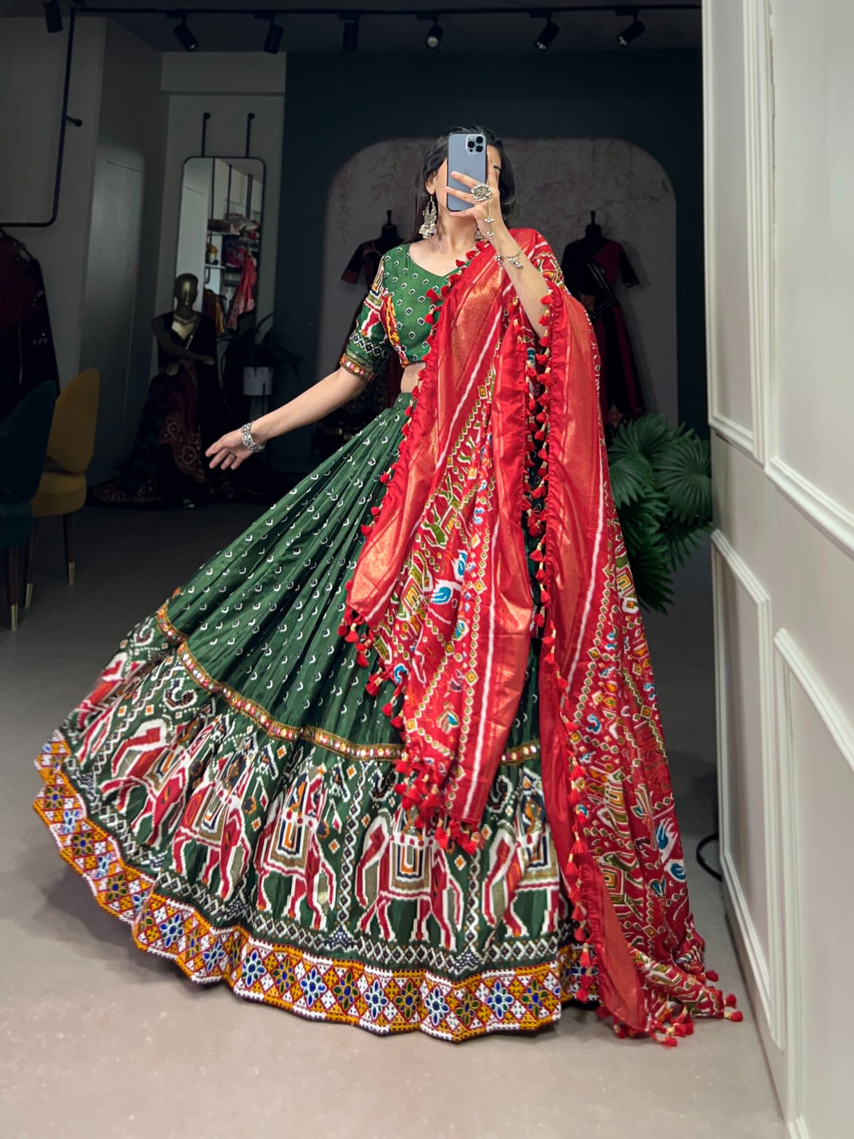 Green-Red Patola Printed Lehenga Choli