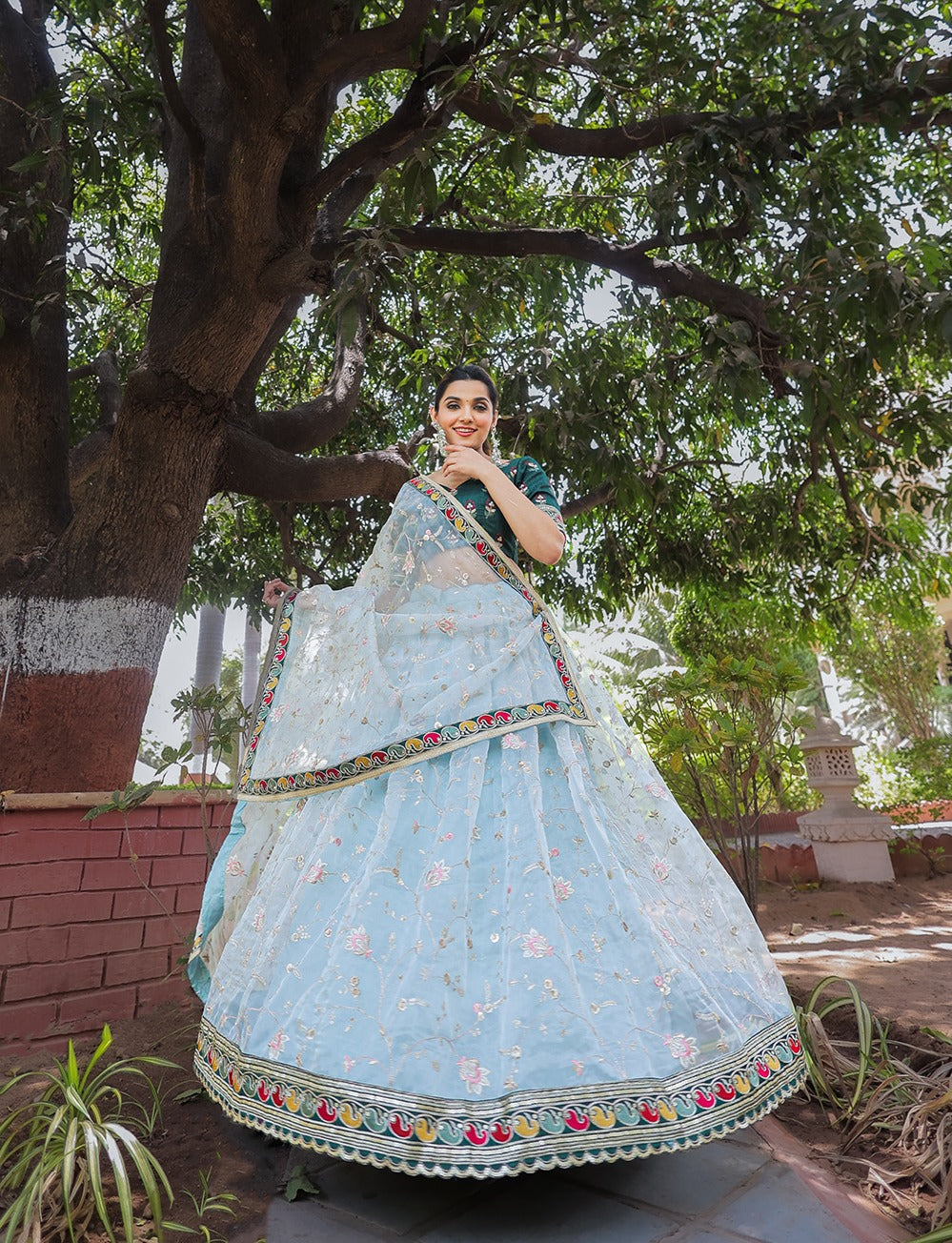 Sky Thread Embroidery Organza Lehenga Choli