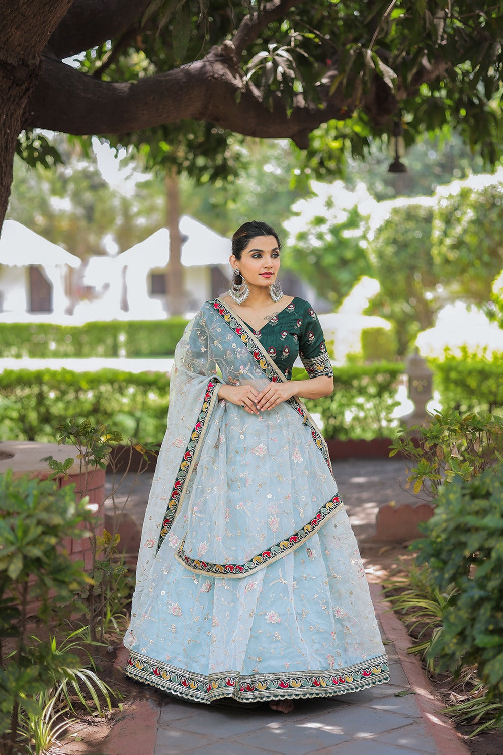 Sky Thread Embroidery Organza Lehenga Choli