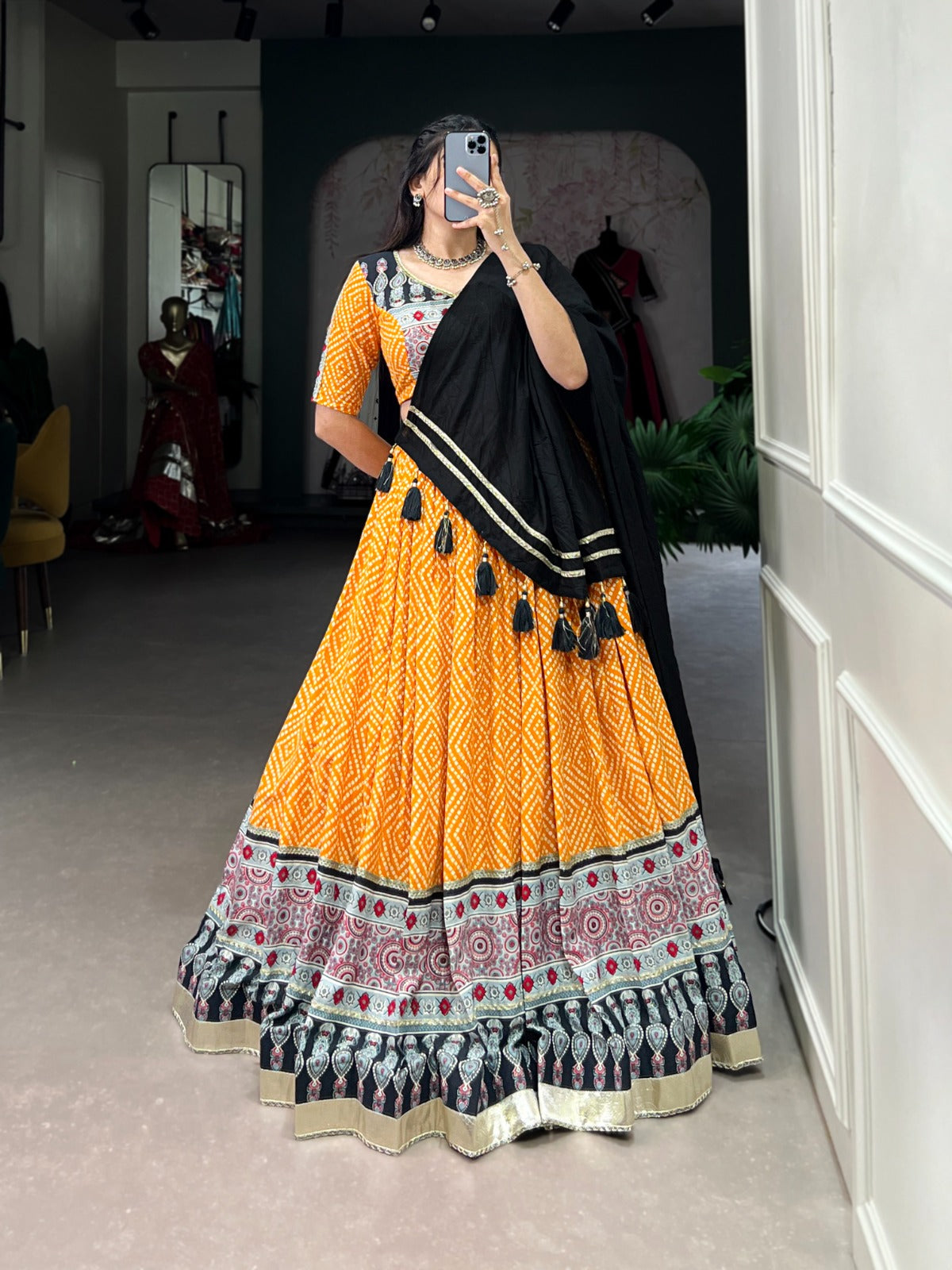 Yellow-Black Bandhej & Ajrakh Printed Lehenga Choli