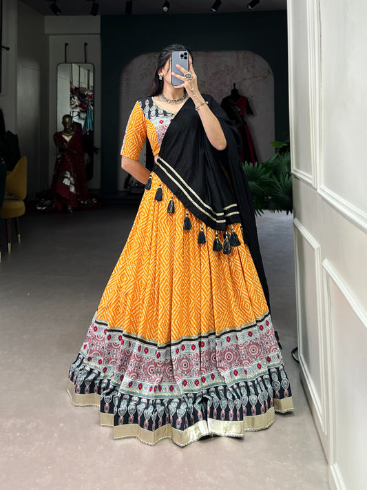 Yellow-Black Bandhej & Ajrakh Printed Lehenga Choli