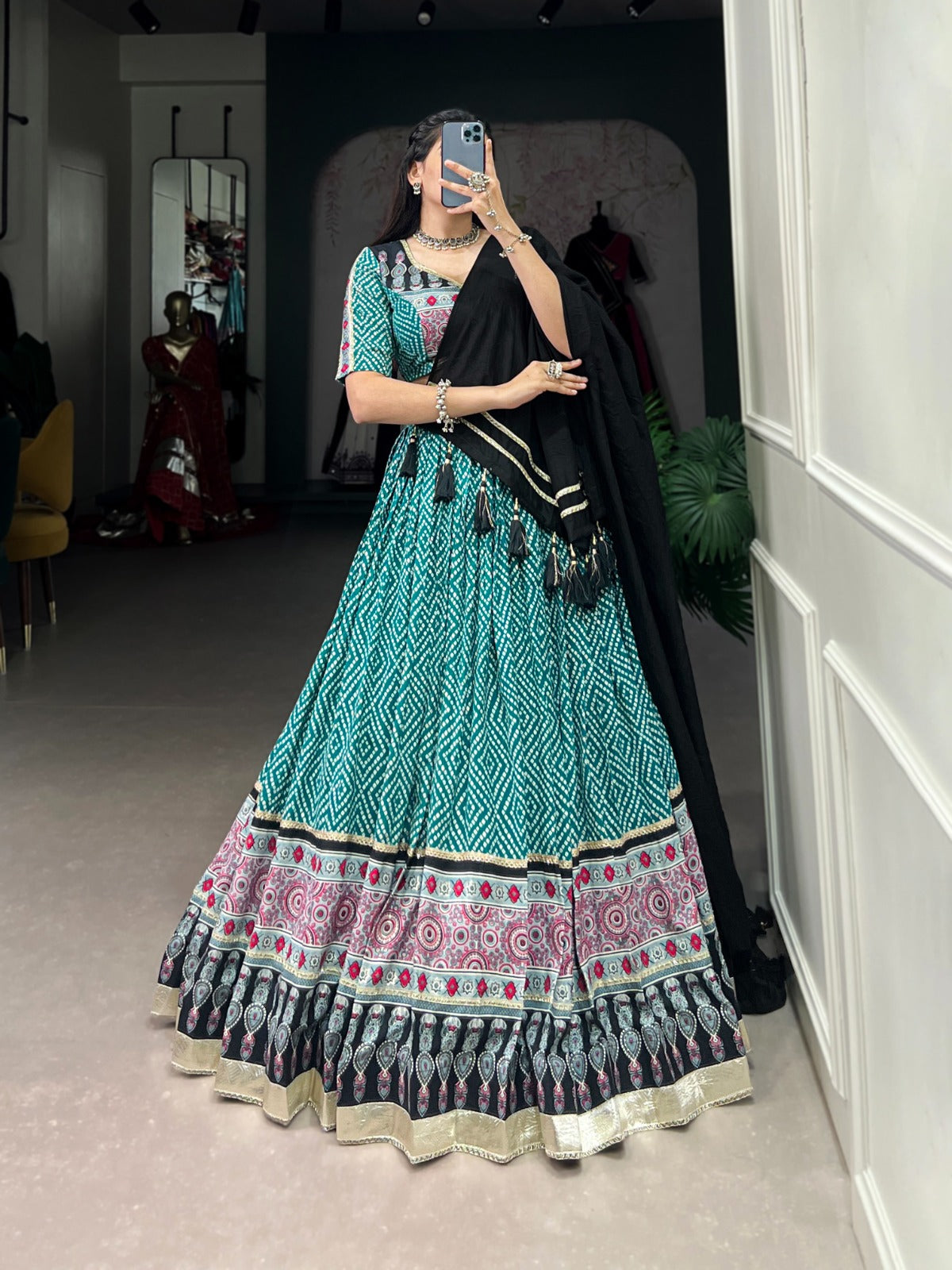 Firozi-Black Bandhej & Ajrakh Printed Lehenga Choli