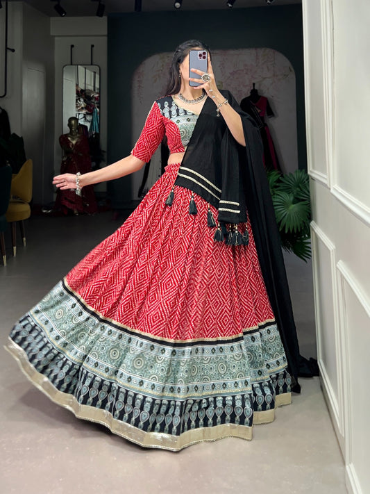 Red-Black Bandhej & Ajrakh Printed Lehenga Choli