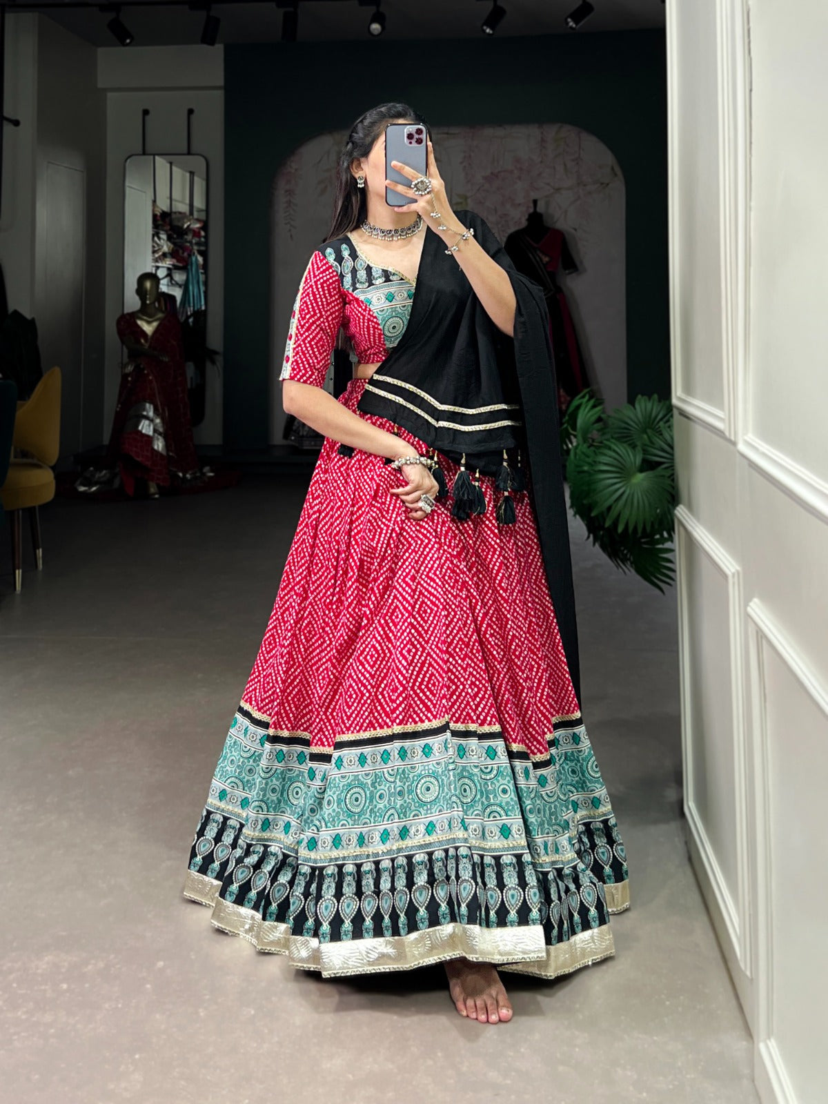 Pink-Black Bandhej & Ajrakh Printed Lehenga Choli