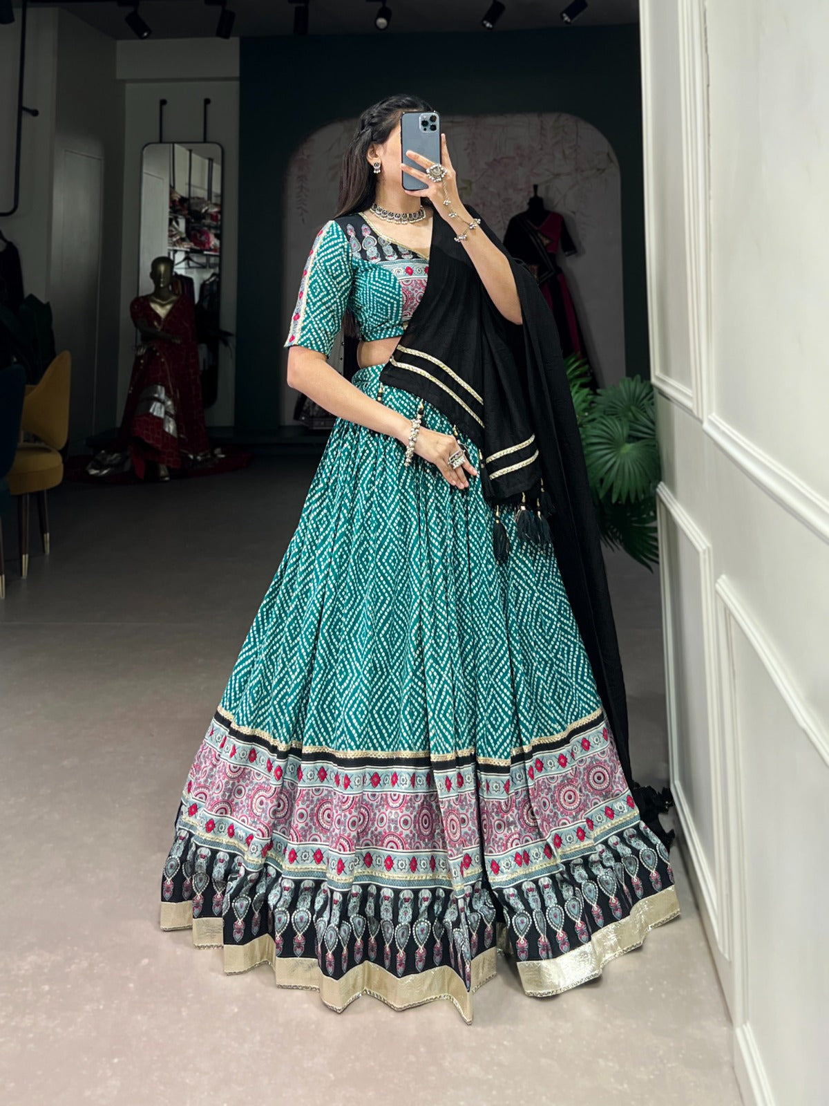 Firozi-Black Bandhej & Ajrakh Printed Lehenga Choli