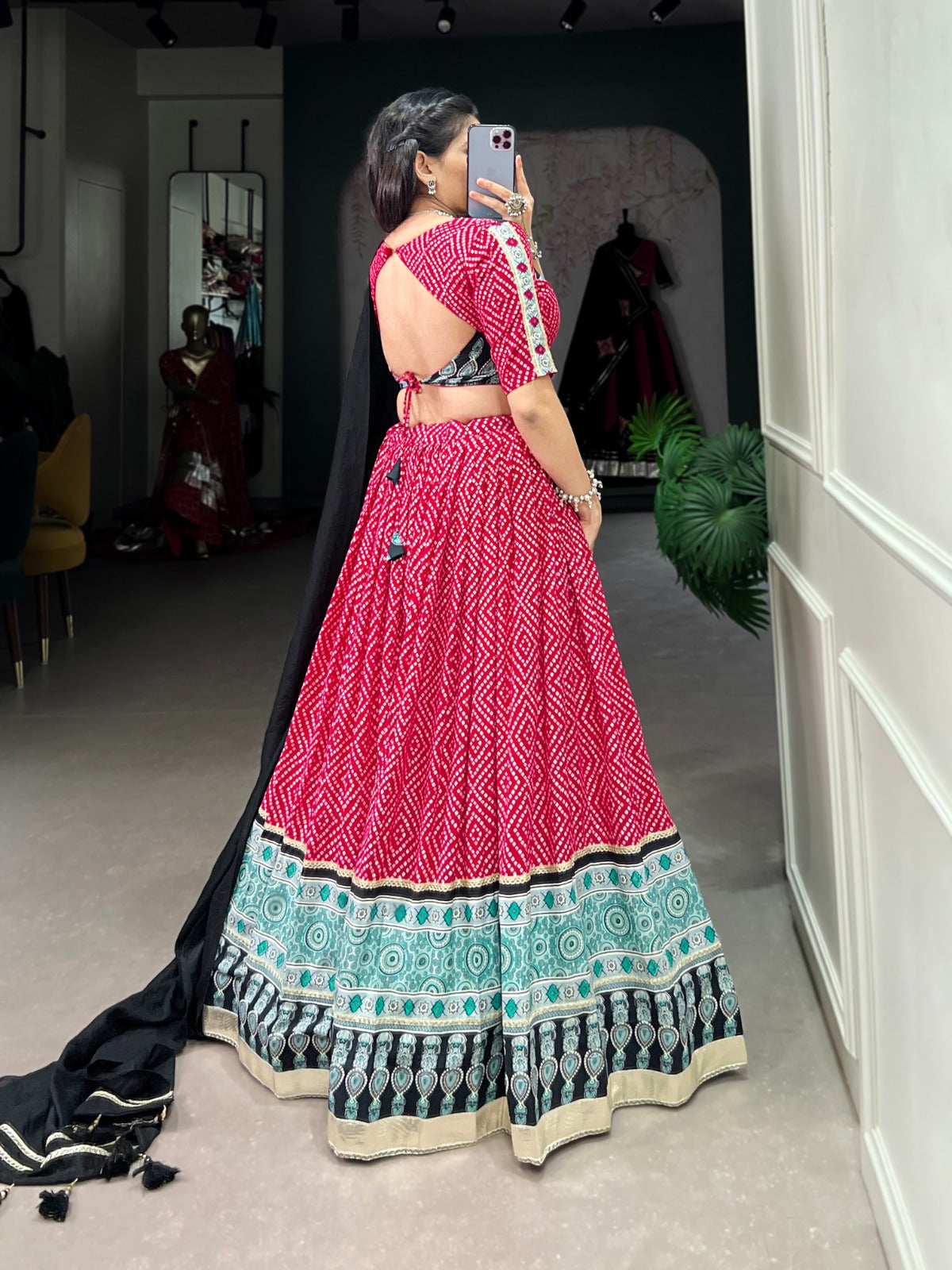 Pink-Black Bandhej & Ajrakh Printed Lehenga Choli