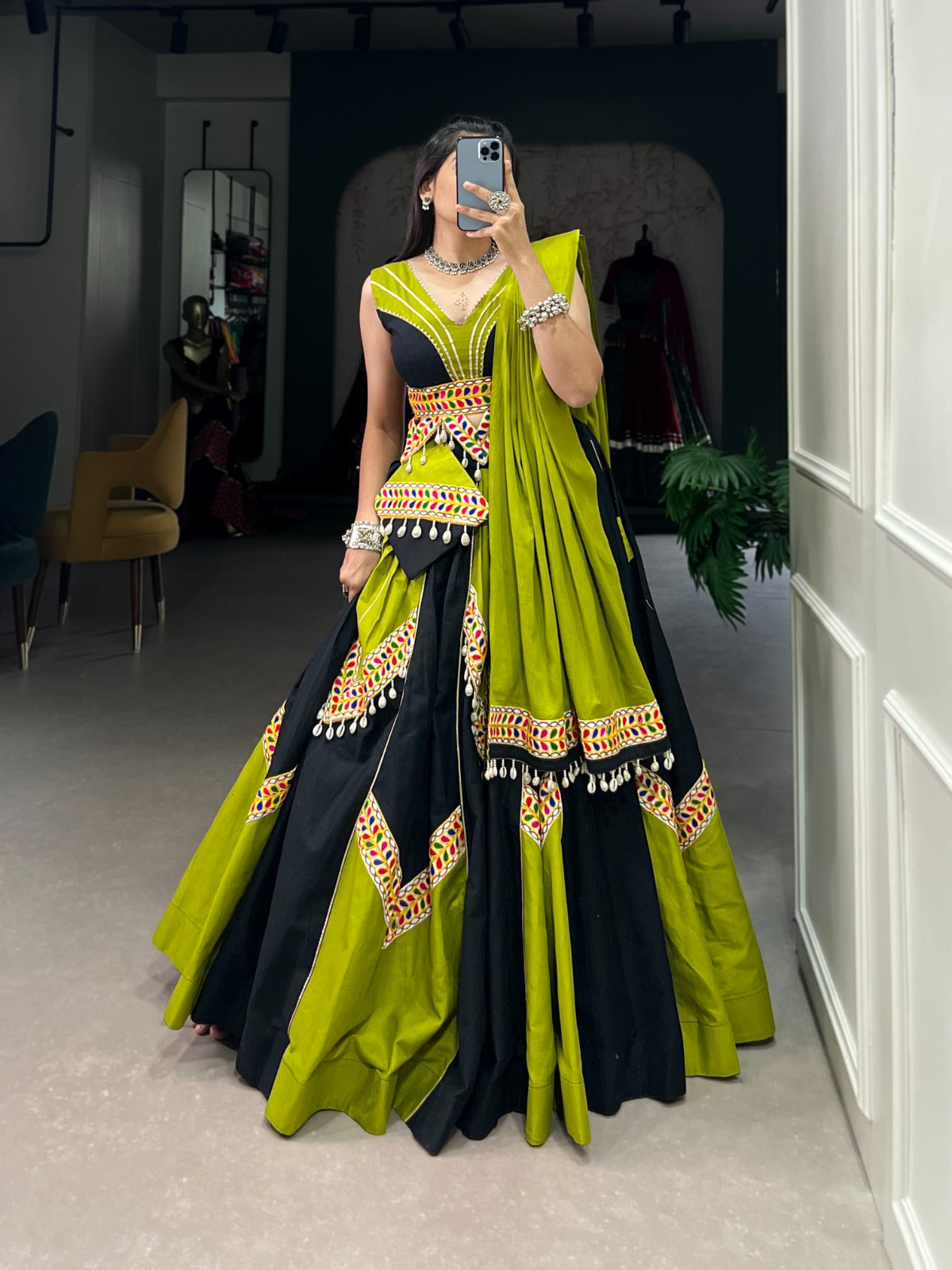 Green-Black Gamthi & Cowrie Lace Lehenga Choli