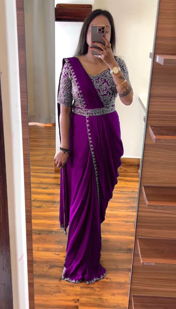 Purple Heavy Chinon Saree