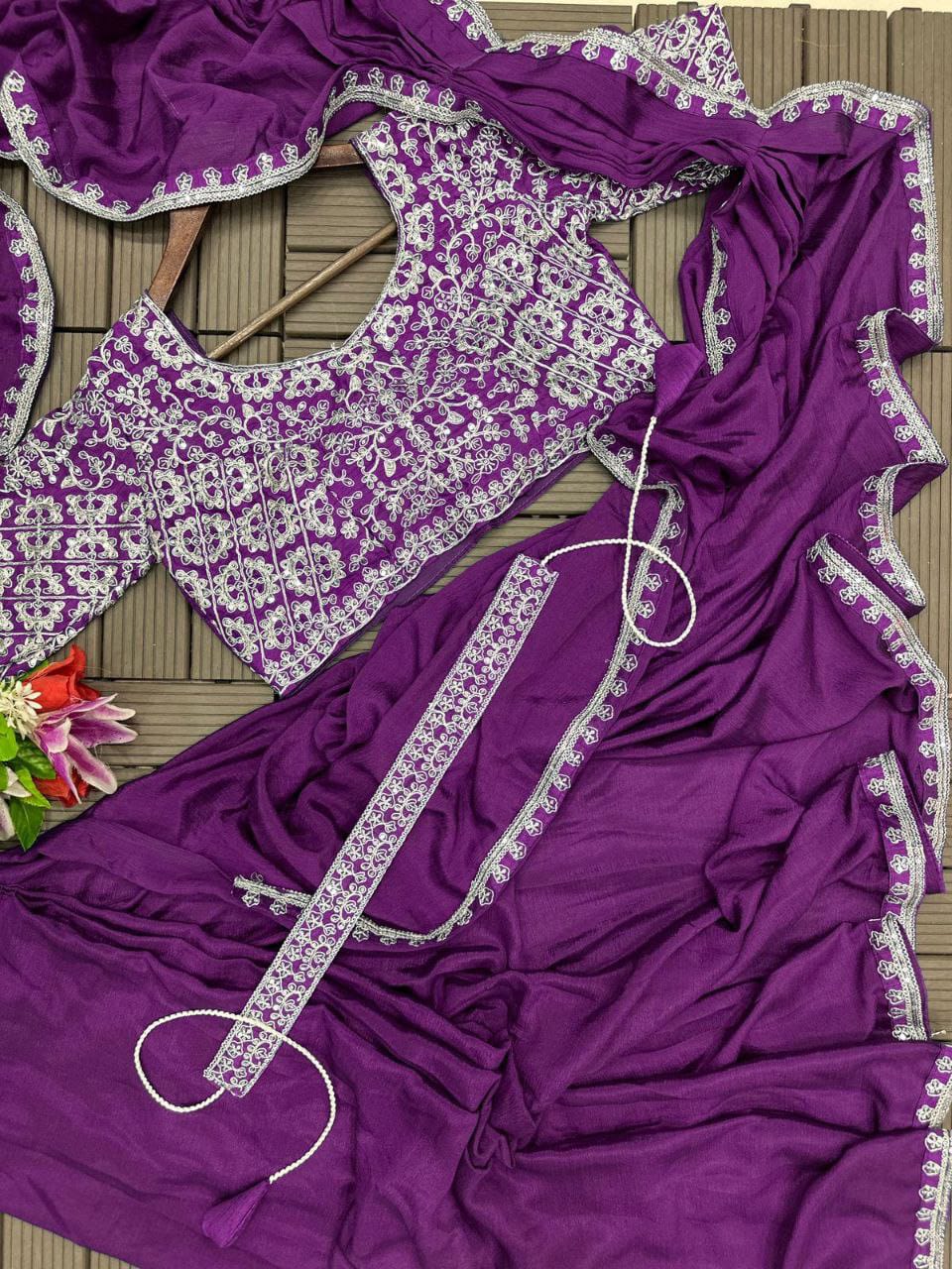 Purple Heavy Chinon Saree