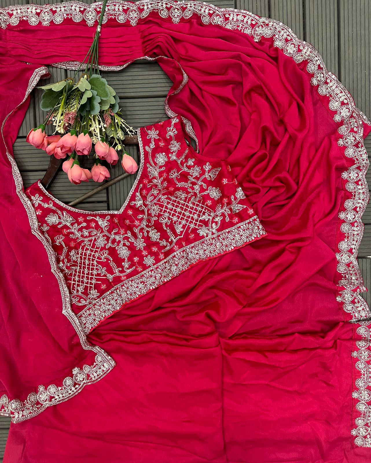 Cherry Pink Heavy Chinon Saree