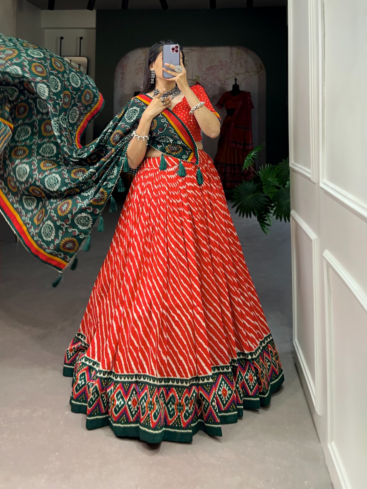 Orange Leheriya Print Tussar Silk Lehenga Choli