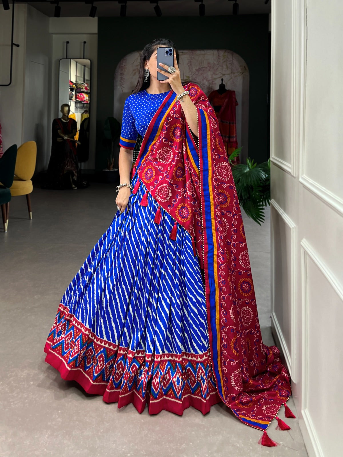 Blue Leheriya Print Tussar Silk Lehenga Choli