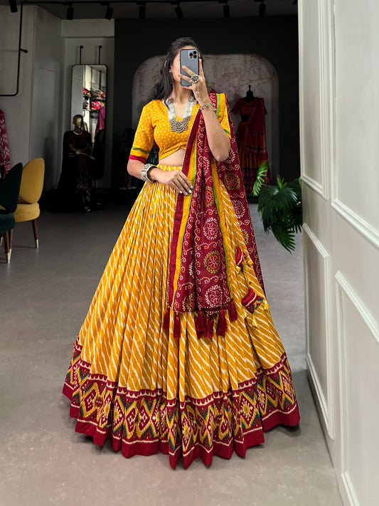 Mustard Leheriya Print Tussar Silk Lehenga Choli