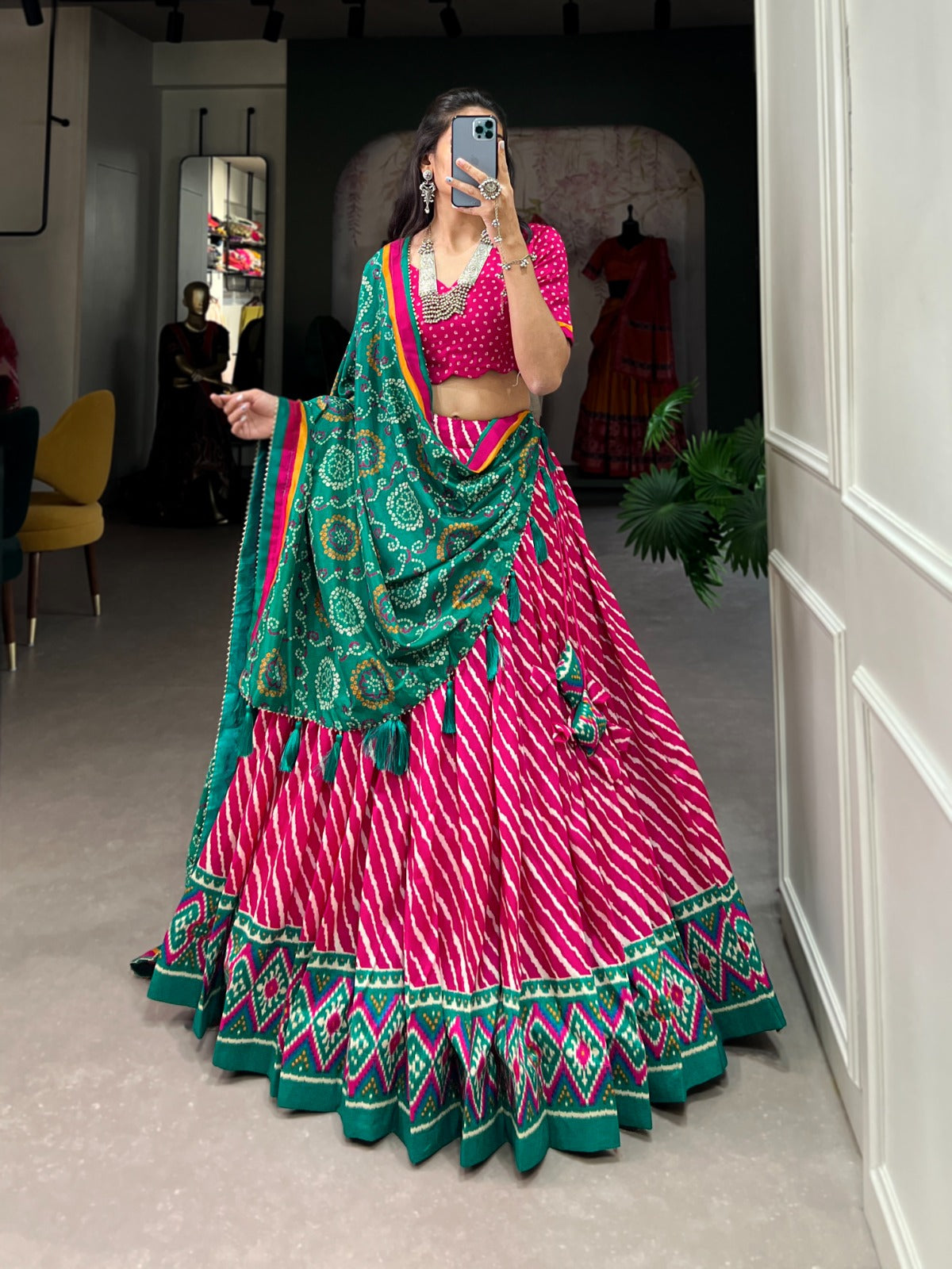 Pink Leheriya Print Tussar Silk Lehenga Choli