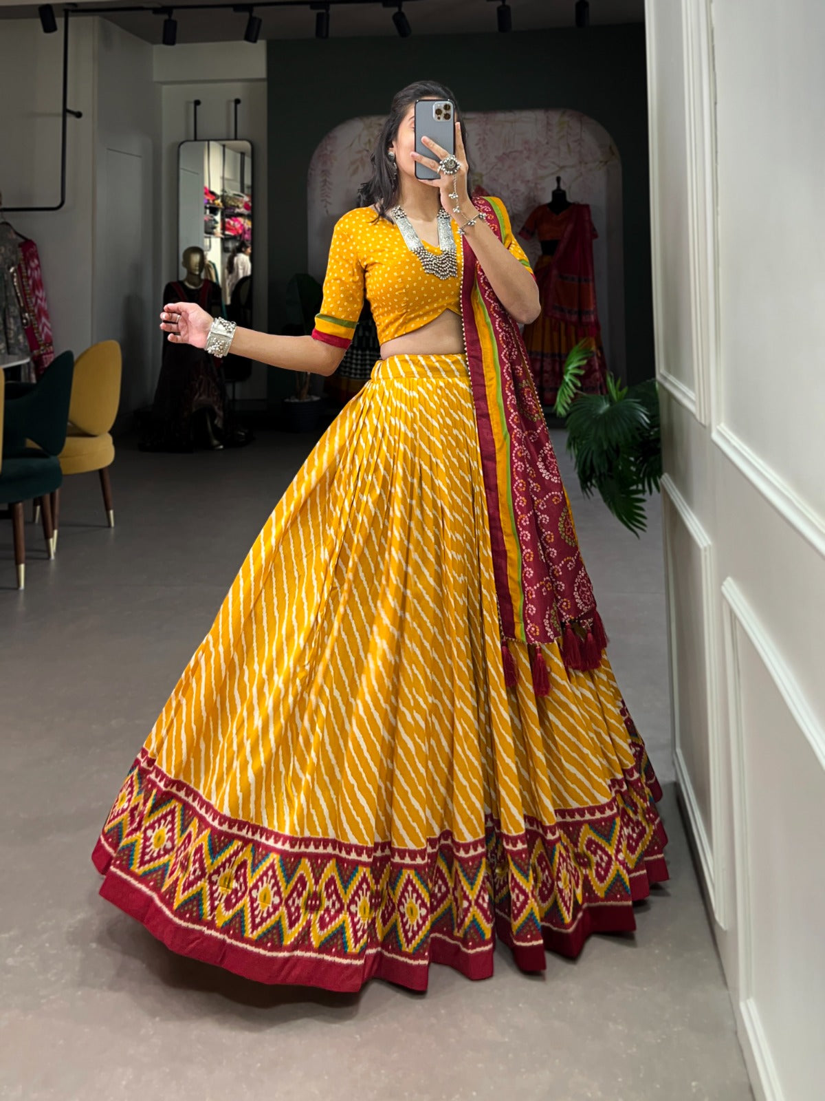 Mustard Leheriya Print Tussar Silk Lehenga Choli