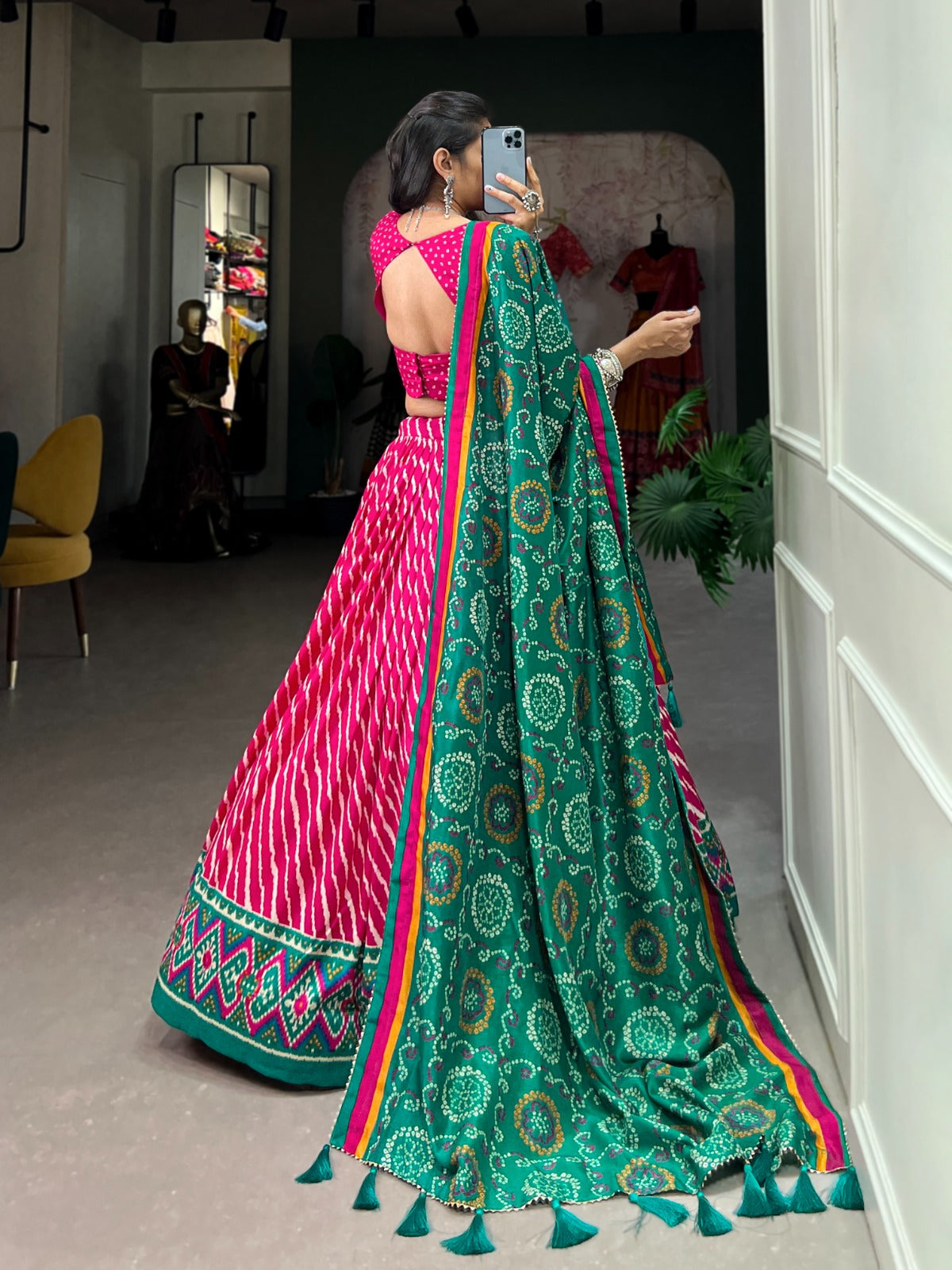 Pink Leheriya Print Tussar Silk Lehenga Choli