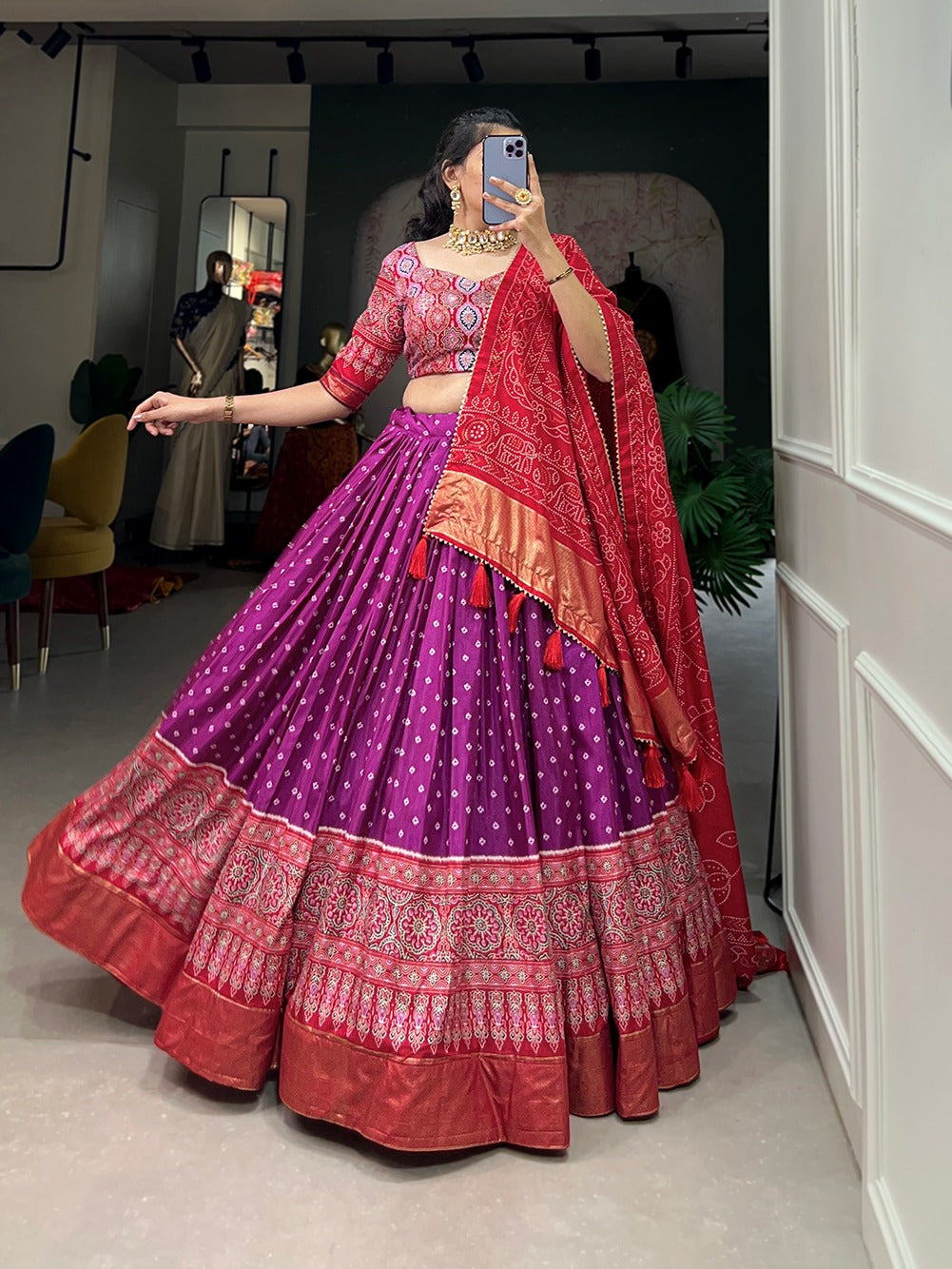 Purple-Red Bandhani Print Chaniya Choli